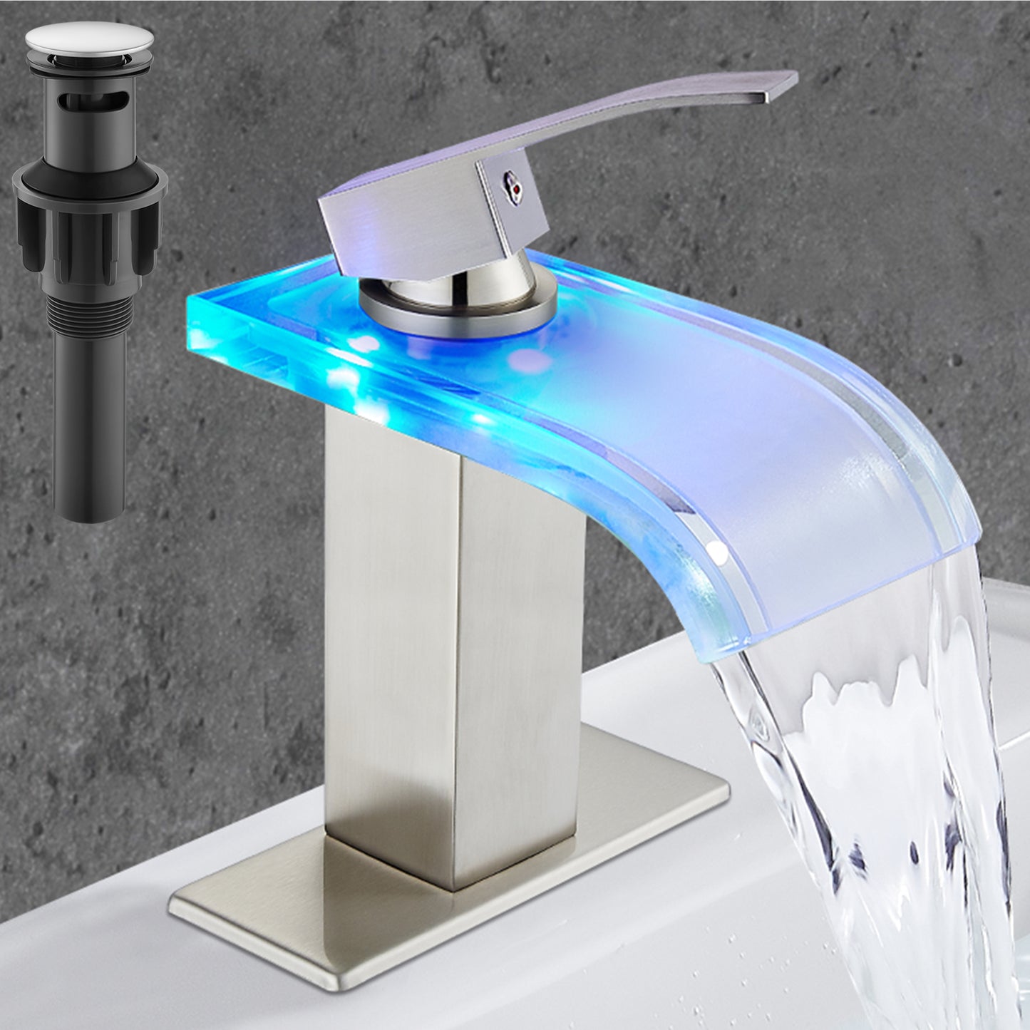 
                  
                    Midanya LED Bathroom Sink Faucet,Waterfall Single Hole Handle 3 Colors Changing Bathroom Faucet, Wide Glass Spout LED Light RV Bathroom Faucet with Pop Up Drain and Water Supply Lines
                  
                