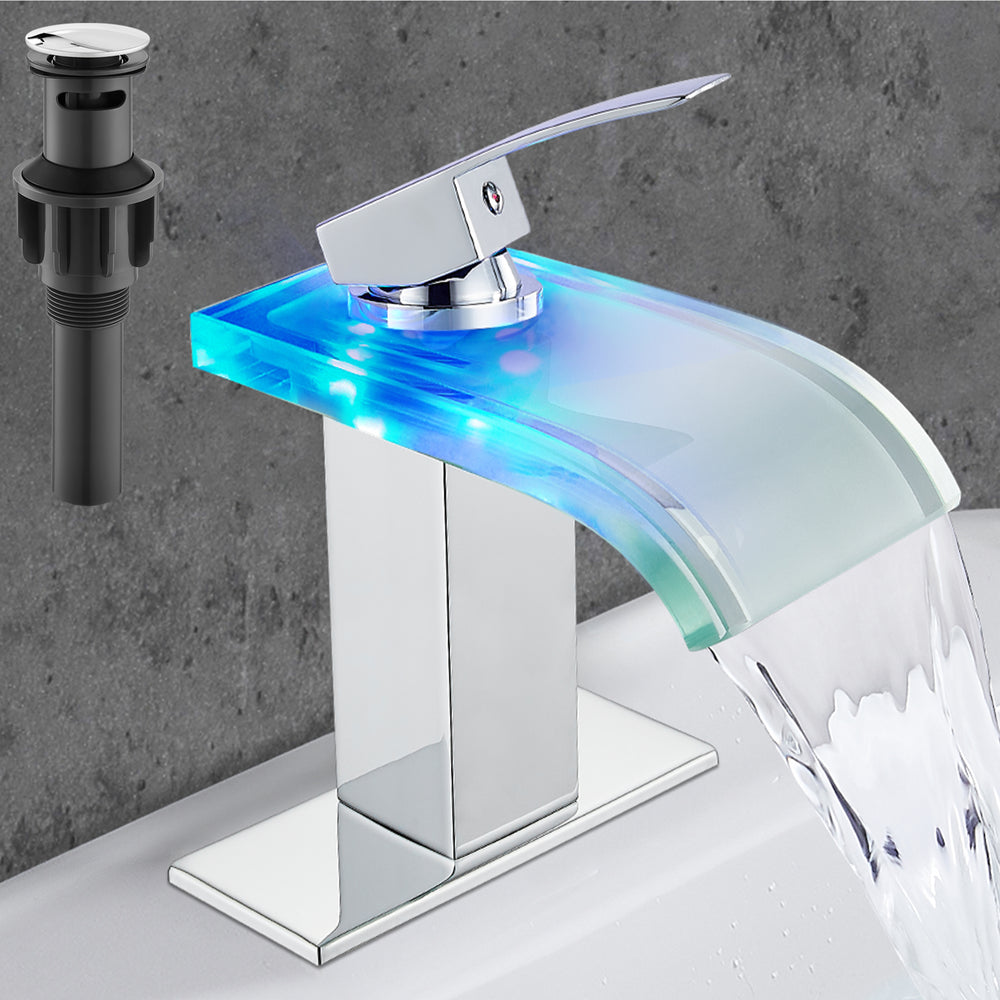 
                  
                    Midanya LED Bathroom Sink Faucet,Waterfall Single Hole Handle 3 Colors Changing Bathroom Faucet, Wide Glass Spout LED Light RV Bathroom Faucet with Pop Up Drain and Water Supply Lines
                  
                