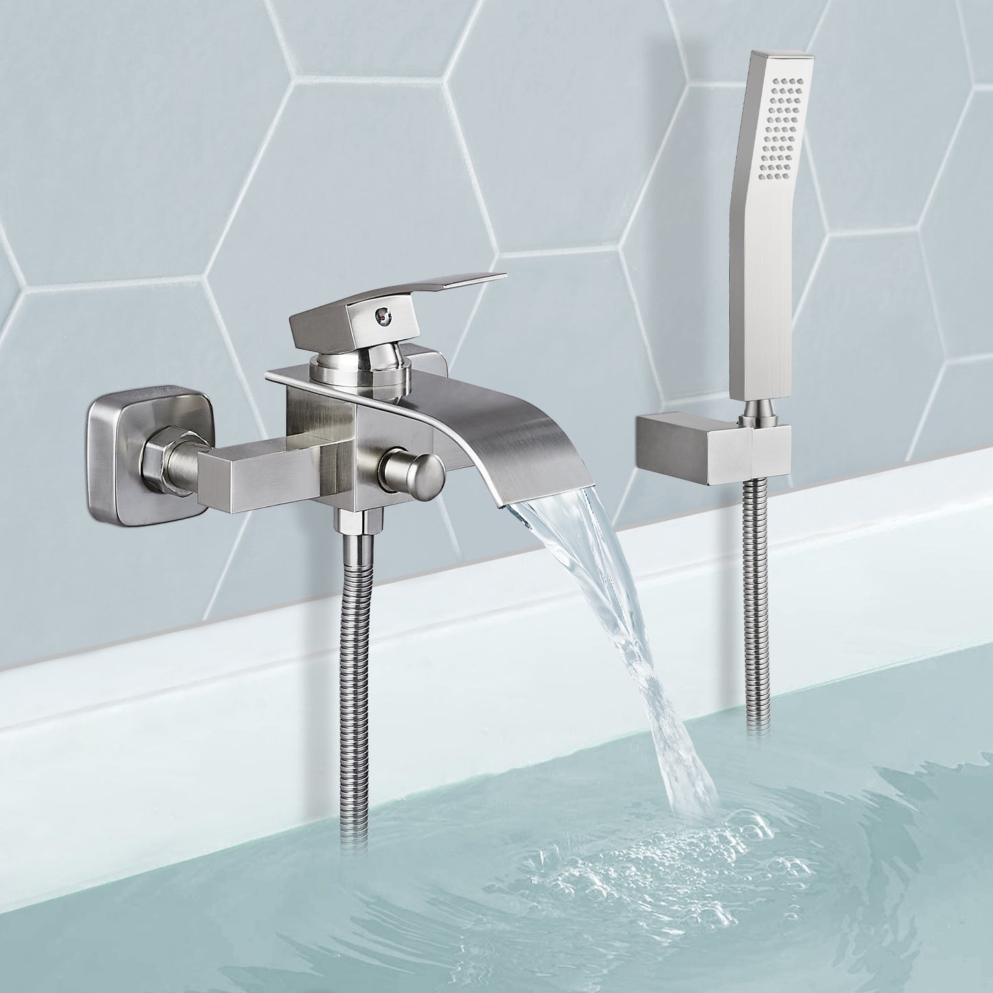 
                  
                    Wall Mount Bathtub Faucet with Handheld Spray Waterfall Tub Filler Single Handle Bathroom Tub Mixer Tap Hand-Shower System with Curved Spout Commercial
                  
                