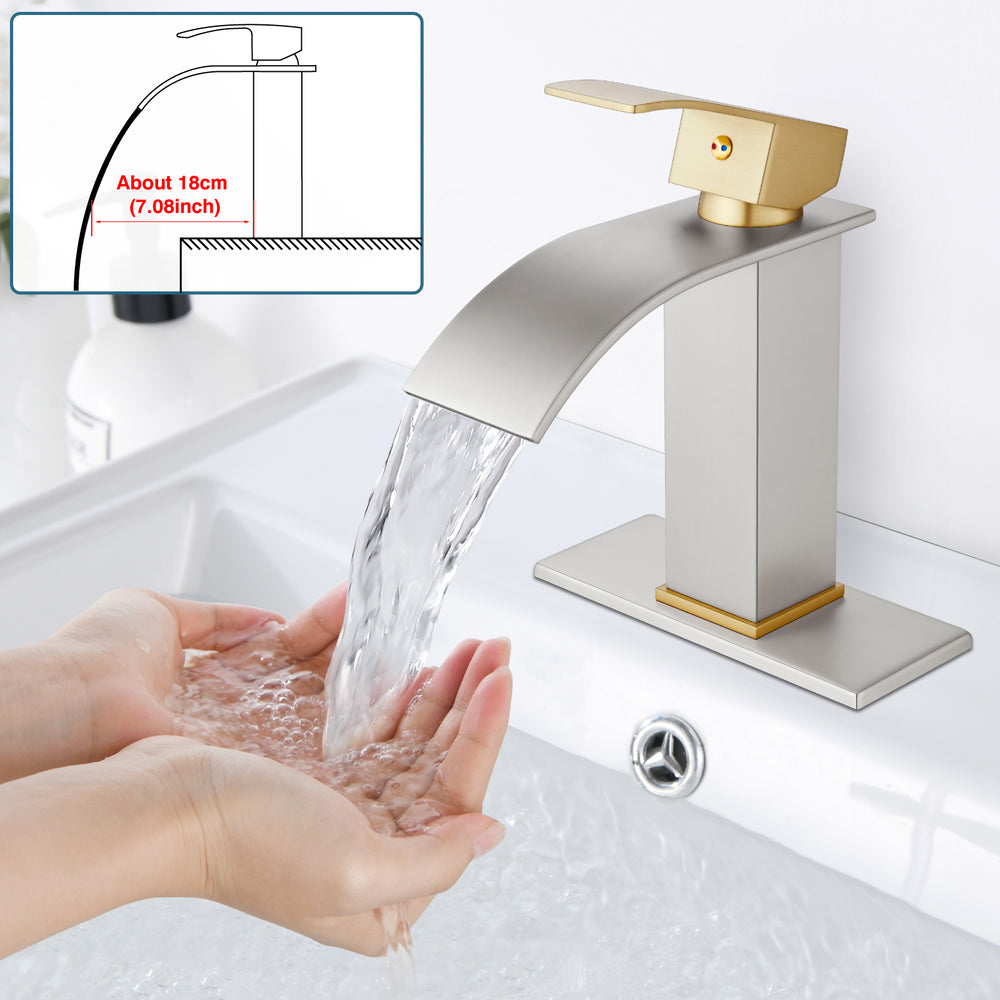 
                  
                    Midanya Bathroom Sink Faucet Waterfall Spout Single Handle 1 Hole Deck Mount Mixer Tap Lavatory Vanity Sink Faucet Commercial with Deck Plate and Pop Up Drain
                  
                