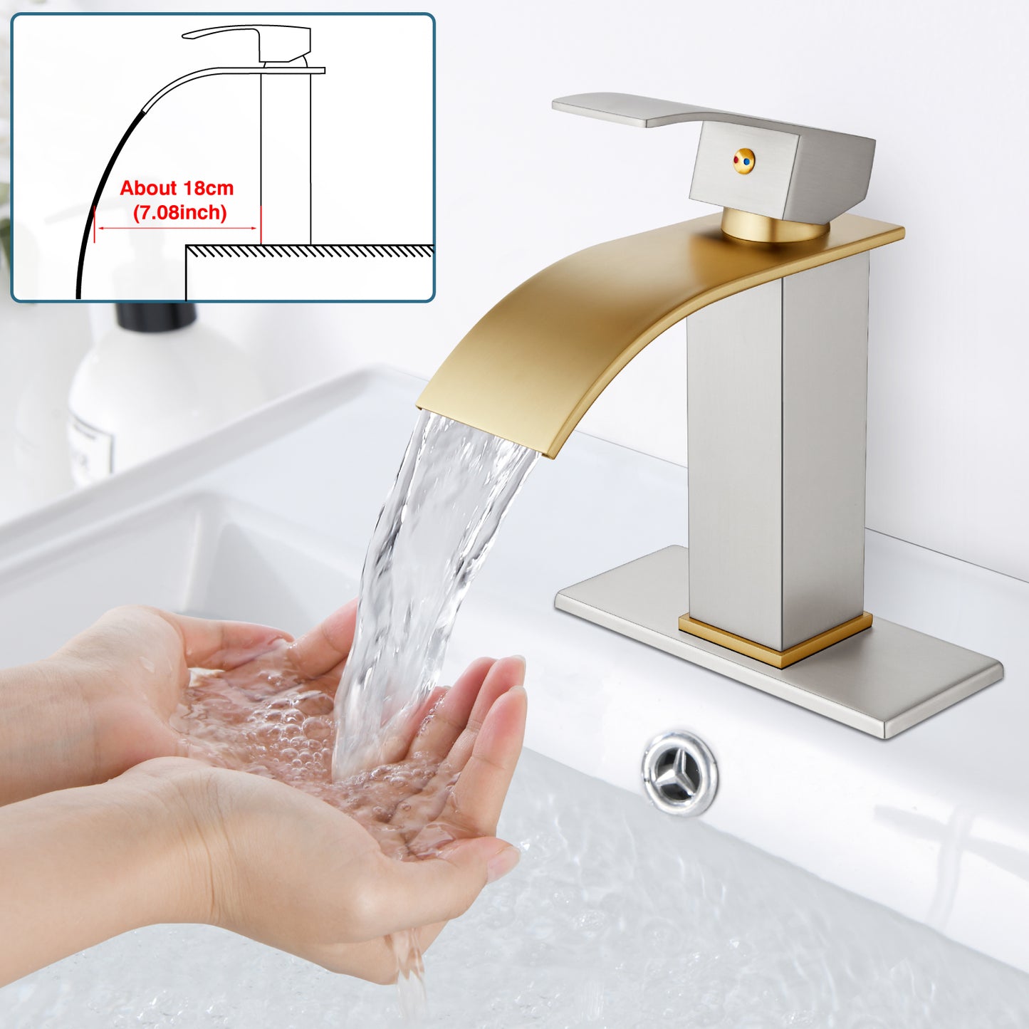 
                  
                    Midanya Bathroom Sink Faucet Waterfall Spout Single Handle 1 Hole Deck Mount Mixer Tap Lavatory Vanity Sink Faucet Commercial with Deck Plate and Pop Up Drain
                  
                