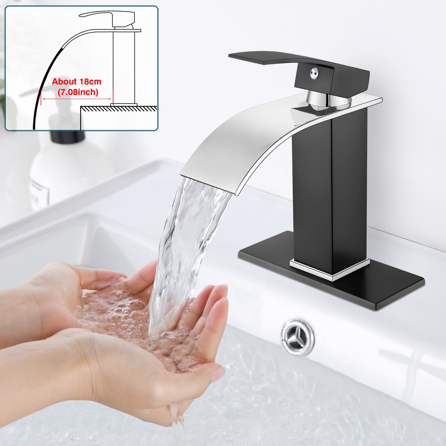 
                  
                    Midanya Bathroom Sink Faucet Waterfall Spout Single Handle 1 Hole Deck Mount Mixer Tap Lavatory Vanity Sink Faucet Commercial with Deck Plate and Pop Up Drain
                  
                