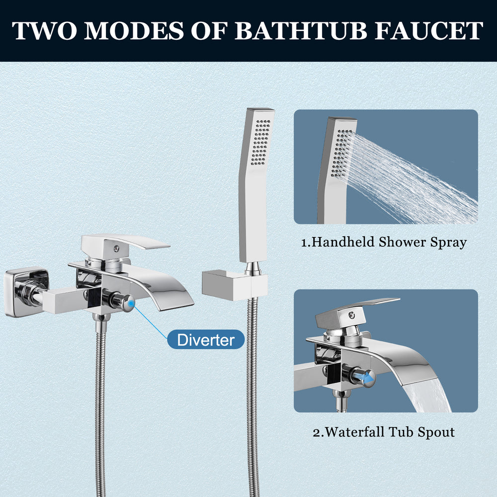 
                  
                    Wall Mount Bathtub Faucet with Handheld Spray Waterfall Tub Filler Single Handle Bathroom Tub Mixer Tap Hand-Shower System with Curved Spout Commercial
                  
                