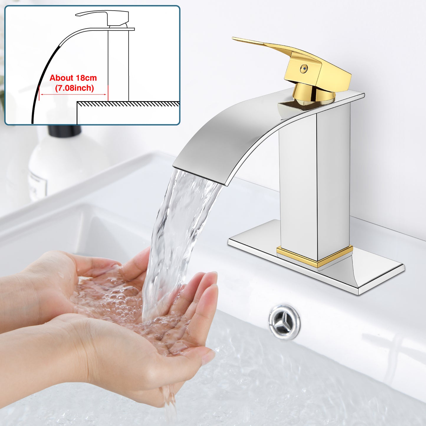 
                  
                    Midanya Bathroom Sink Faucet Waterfall Spout Single Handle 1 Hole Deck Mount Mixer Tap Lavatory Vanity Sink Faucet Commercial with Deck Plate and Pop Up Drain
                  
                