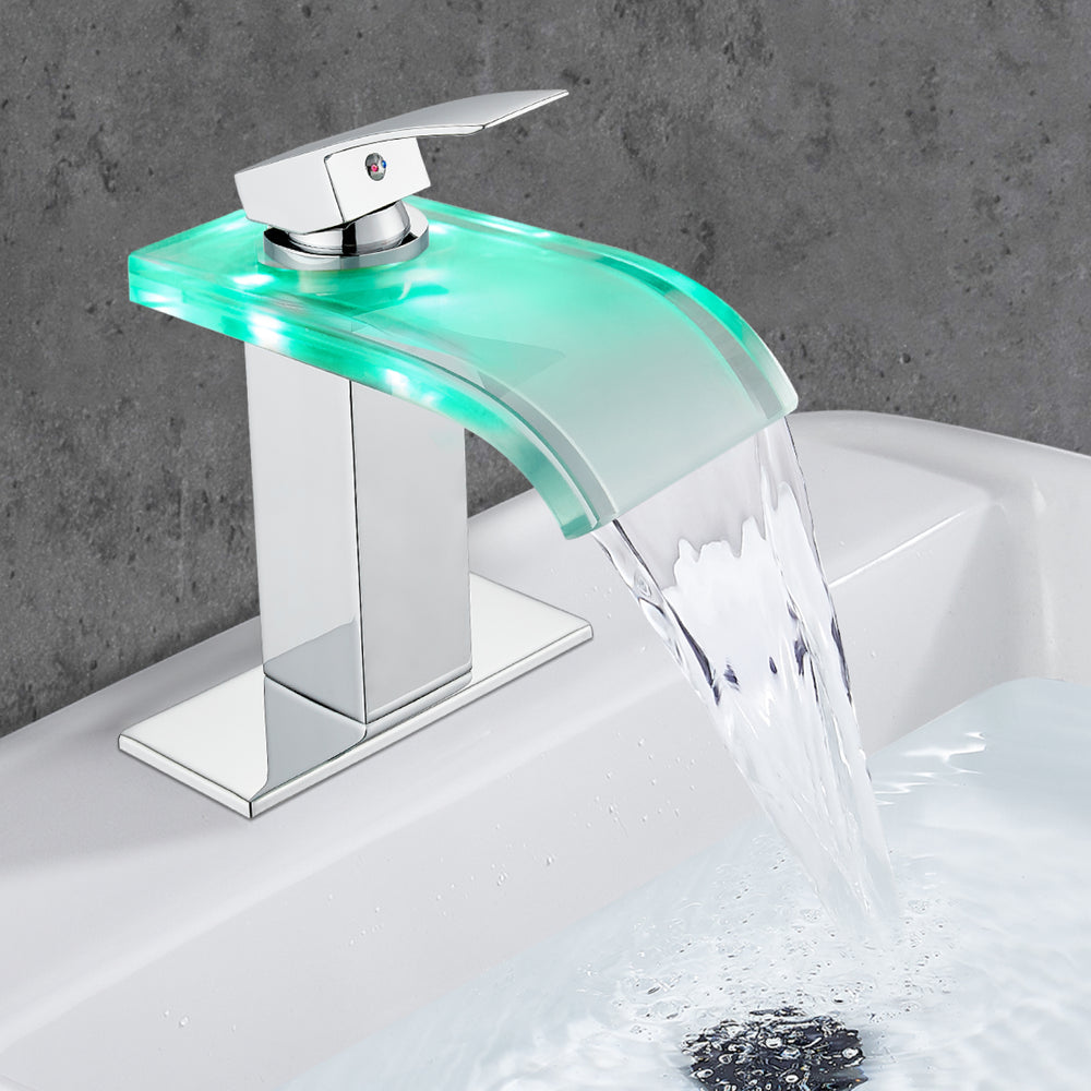 
                  
                    Midanya LED Bathroom Sink Faucet,Waterfall Single Hole Handle 3 Colors Changing Bathroom Faucet, Wide Glass Spout LED Light RV Bathroom Faucet with Pop Up Drain and Water Supply Lines
                  
                