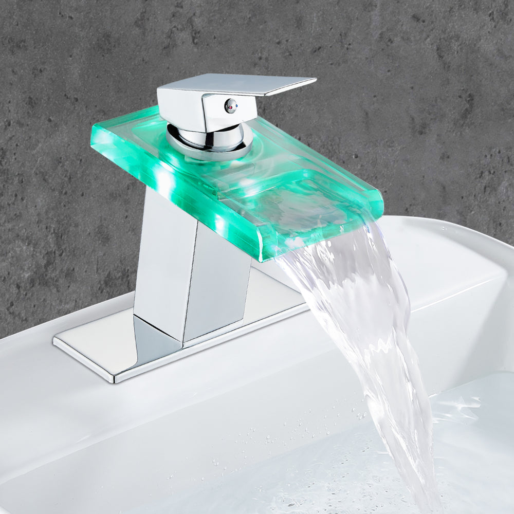 
                  
                    Midanya LED Bathroom Sink Faucet,Waterfall Open Glass Spout Bathroom Faucet,Single Handle 3 Colors Changing RV Vanity Faucets for Sink 1 Hole with Pop Up Drain and Water Supply Hoses
                  
                