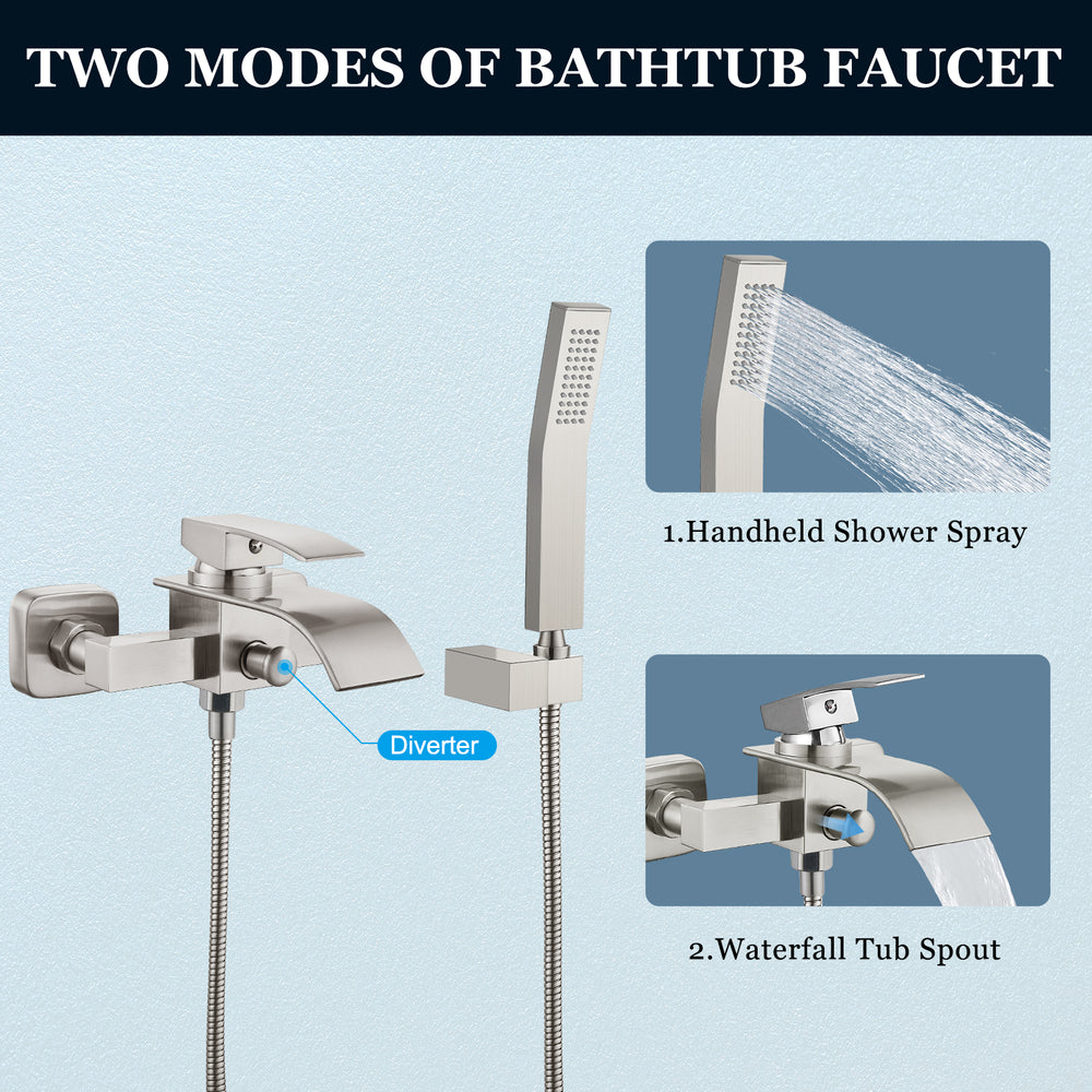 
                  
                    Wall Mount Bathtub Faucet with Handheld Spray Waterfall Tub Filler Single Handle Bathroom Tub Mixer Tap Hand-Shower System with Curved Spout Commercial
                  
                