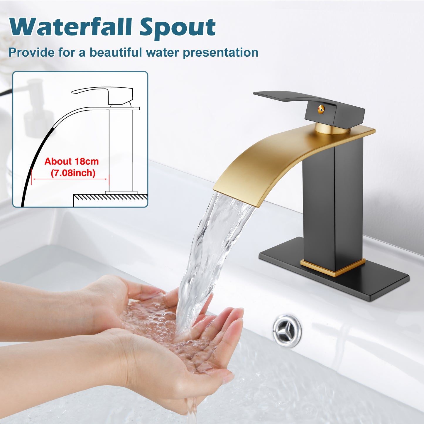 
                  
                    Midanya Bathroom Sink Faucet Waterfall Spout Single Handle 1 Hole Deck Mount Mixer Tap Lavatory Vanity Sink Faucet Commercial with Deck Plate and Pop Up Drain
                  
                