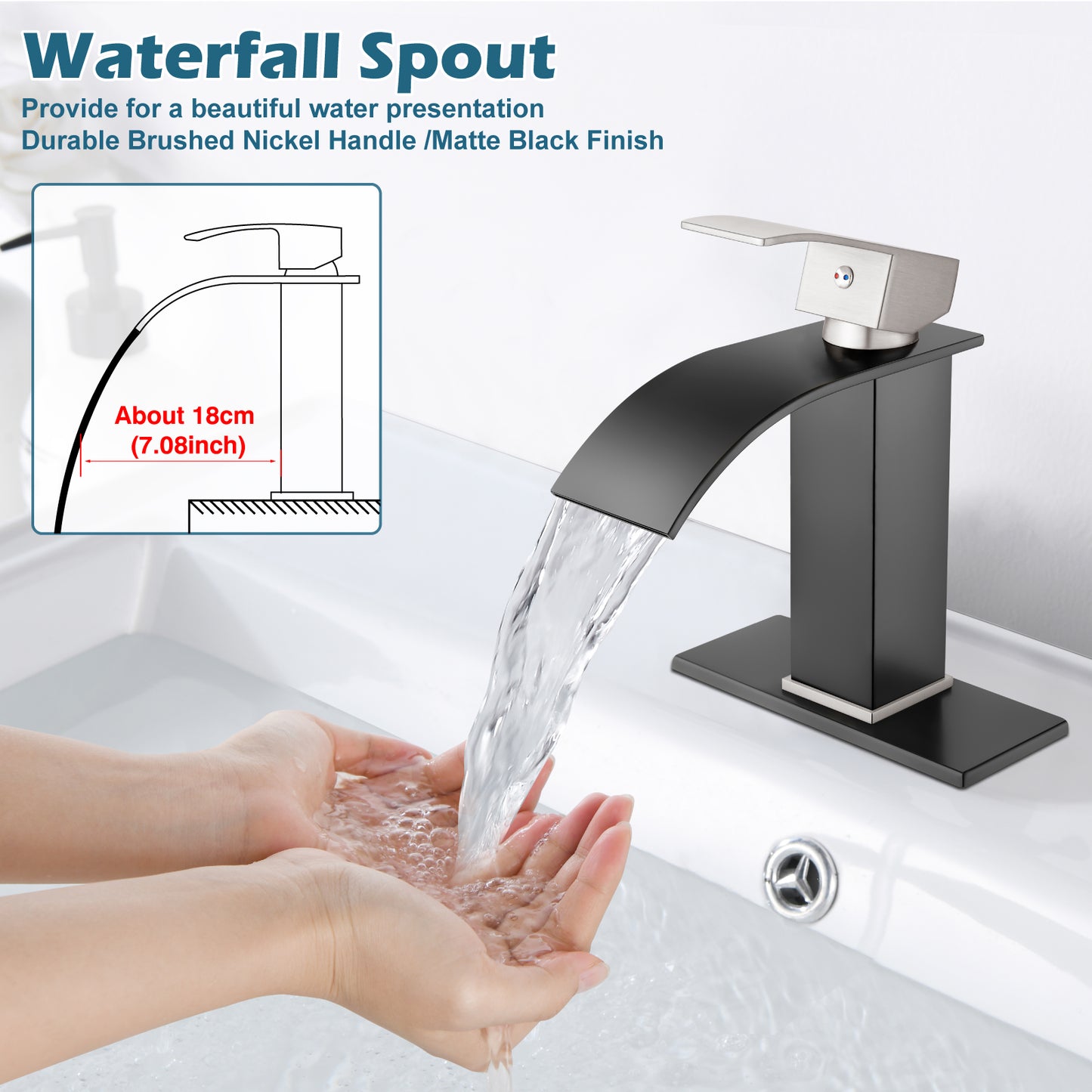 
                  
                    Midanya Bathroom Sink Faucet Waterfall Spout Single Handle 1 Hole Deck Mount Mixer Tap Lavatory Vanity Sink Faucet Commercial with Deck Plate and Pop Up Drain
                  
                