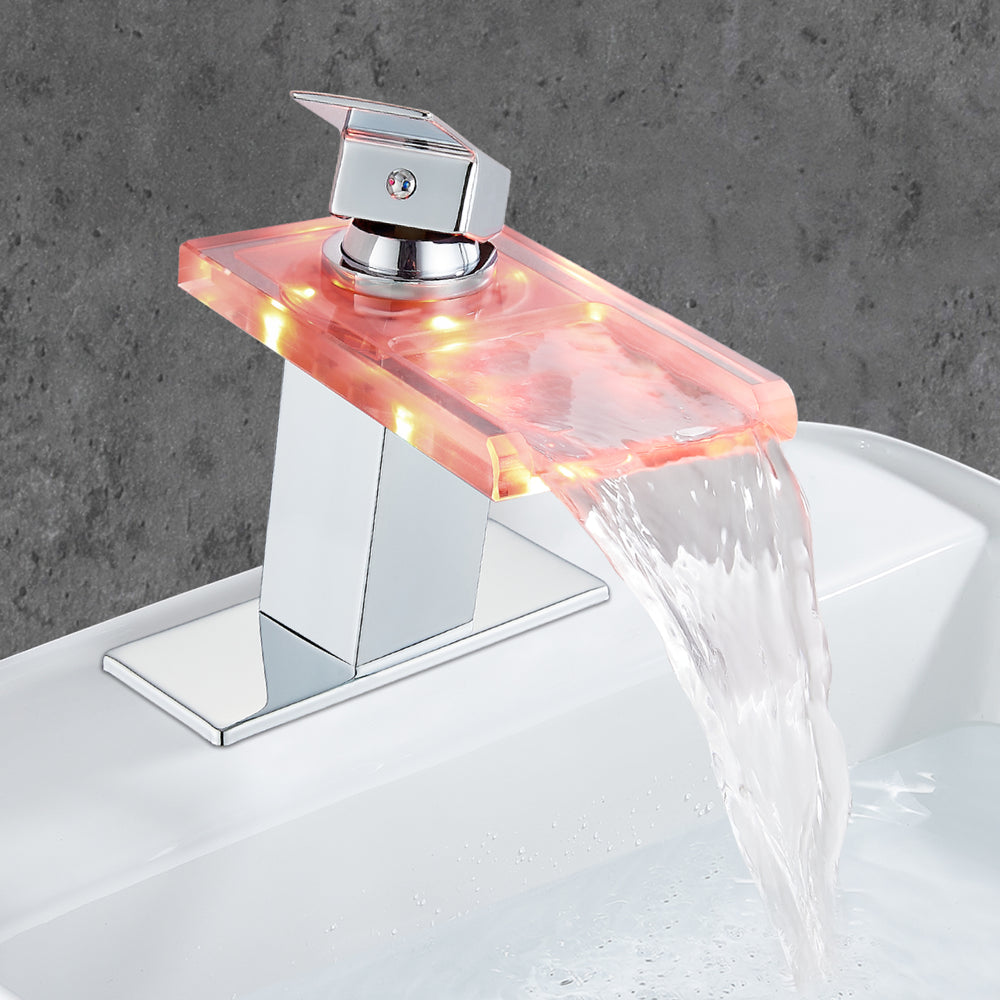 
                  
                    Midanya LED Bathroom Sink Faucet,Waterfall Open Glass Spout Bathroom Faucet,Single Handle 3 Colors Changing RV Vanity Faucets for Sink 1 Hole with Pop Up Drain and Water Supply Hoses
                  
                