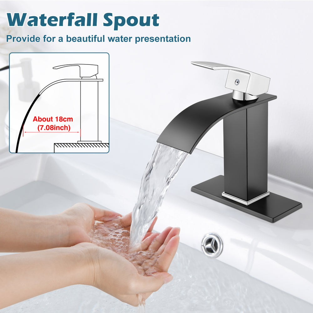 
                  
                    Midanya Bathroom Sink Faucet Waterfall Spout Single Handle 1 Hole Deck Mount Mixer Tap Lavatory Vanity Sink Faucet Commercial with Deck Plate and Pop Up Drain
                  
                