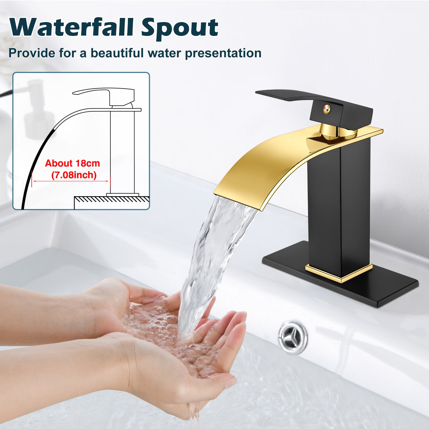 
                  
                    Midanya Bathroom Sink Faucet Waterfall Spout Single Handle 1 Hole Deck Mount Mixer Tap Lavatory Vanity Sink Faucet Commercial with Deck Plate and Pop Up Drain
                  
                