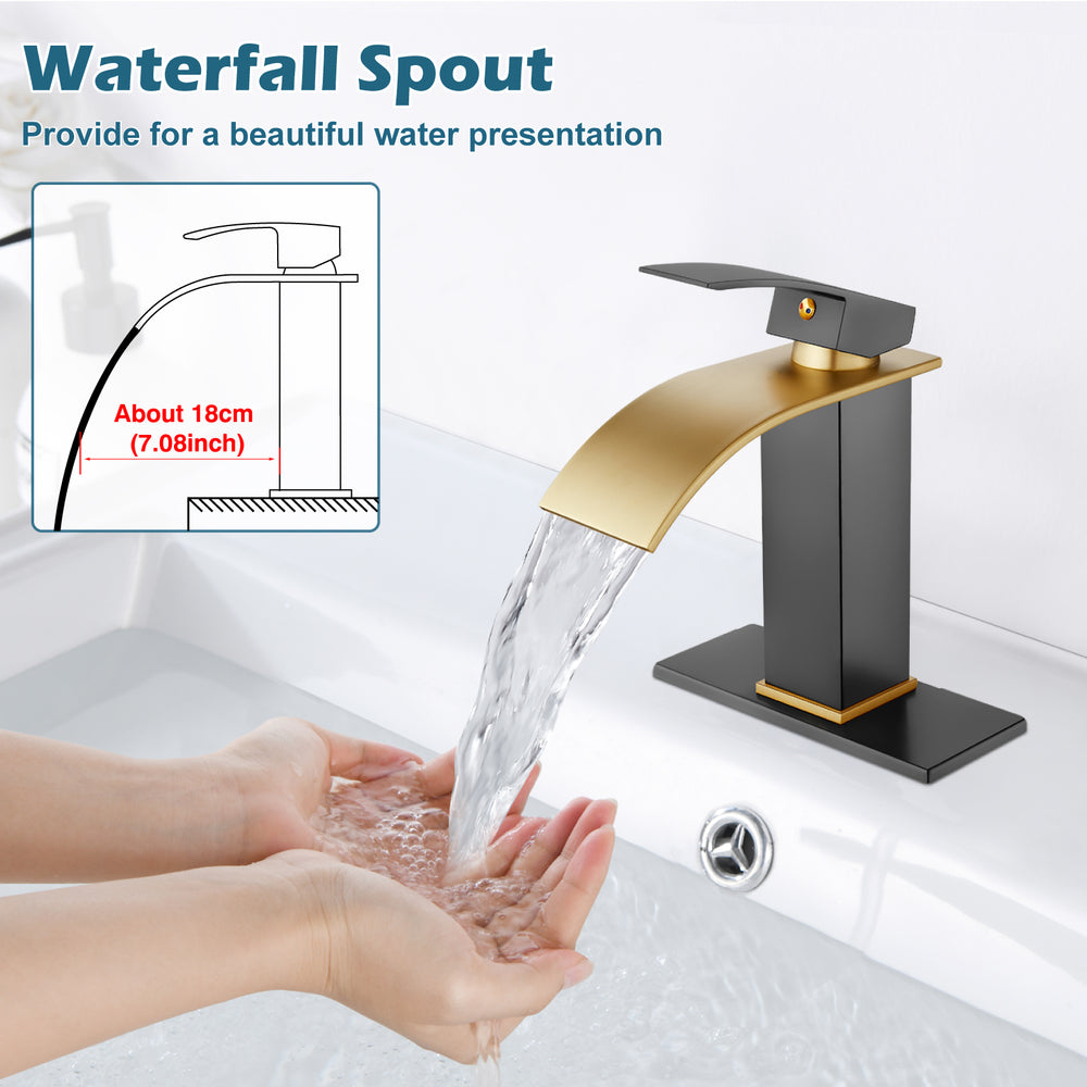 
                  
                    Midanya Brushed Nickel Handle Matte Black Wide Spout Bathroom Sink Faucet,Single Handle Waterfall Bathroom Faucet,Single Hole Deck Mount Vanity Faucet,Hot and Cold Mixer Tap with Water Supply Lines
                  
                