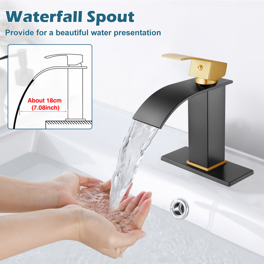 
                  
                    Midanya Brushed Nickel Handle Matte Black Wide Spout Bathroom Sink Faucet,Single Handle Waterfall Bathroom Faucet,Single Hole Deck Mount Vanity Faucet,Hot and Cold Mixer Tap with Water Supply Lines
                  
                