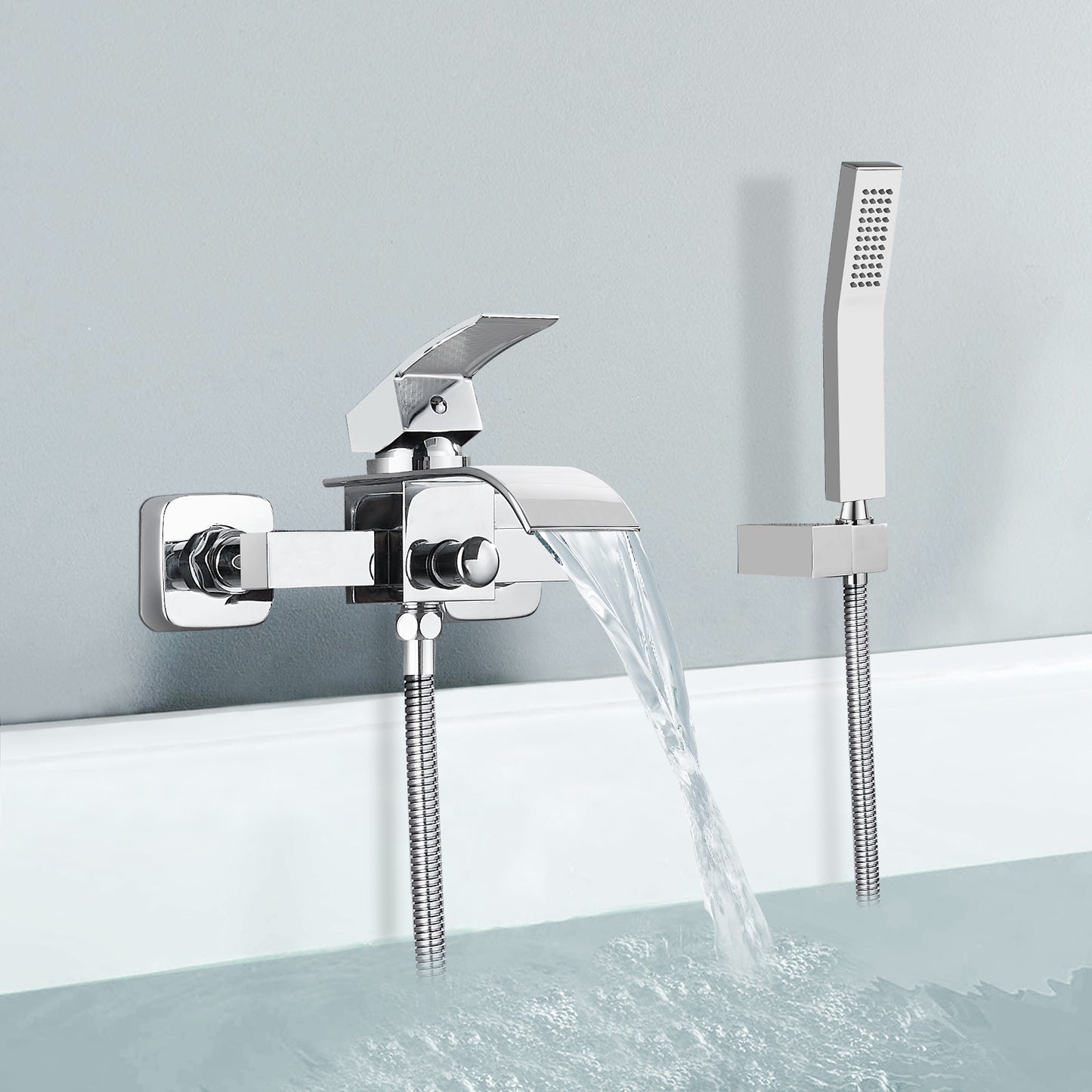 
                  
                    Wall Mount Bathtub Faucet with Handheld Spray Waterfall Tub Filler Single Handle Bathroom Tub Mixer Tap Hand-Shower System with Curved Spout Commercial
                  
                