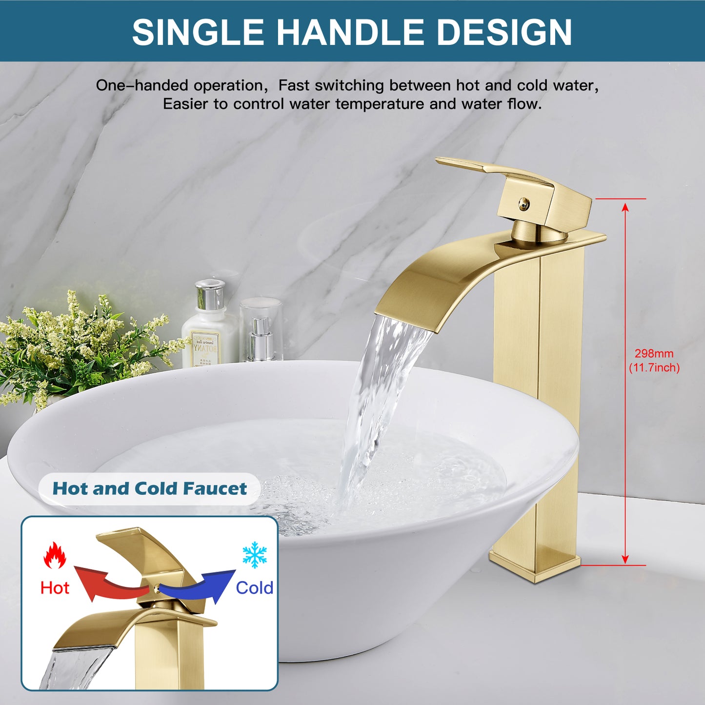 
                  
                    Midanya Waterfall Bathroom Bowl Vessl Sink Tall Faucet Single Handle Single Hole Deck Mount with Large Rectangular Spout Sink Faucet Lavatory Vanities
                  
                