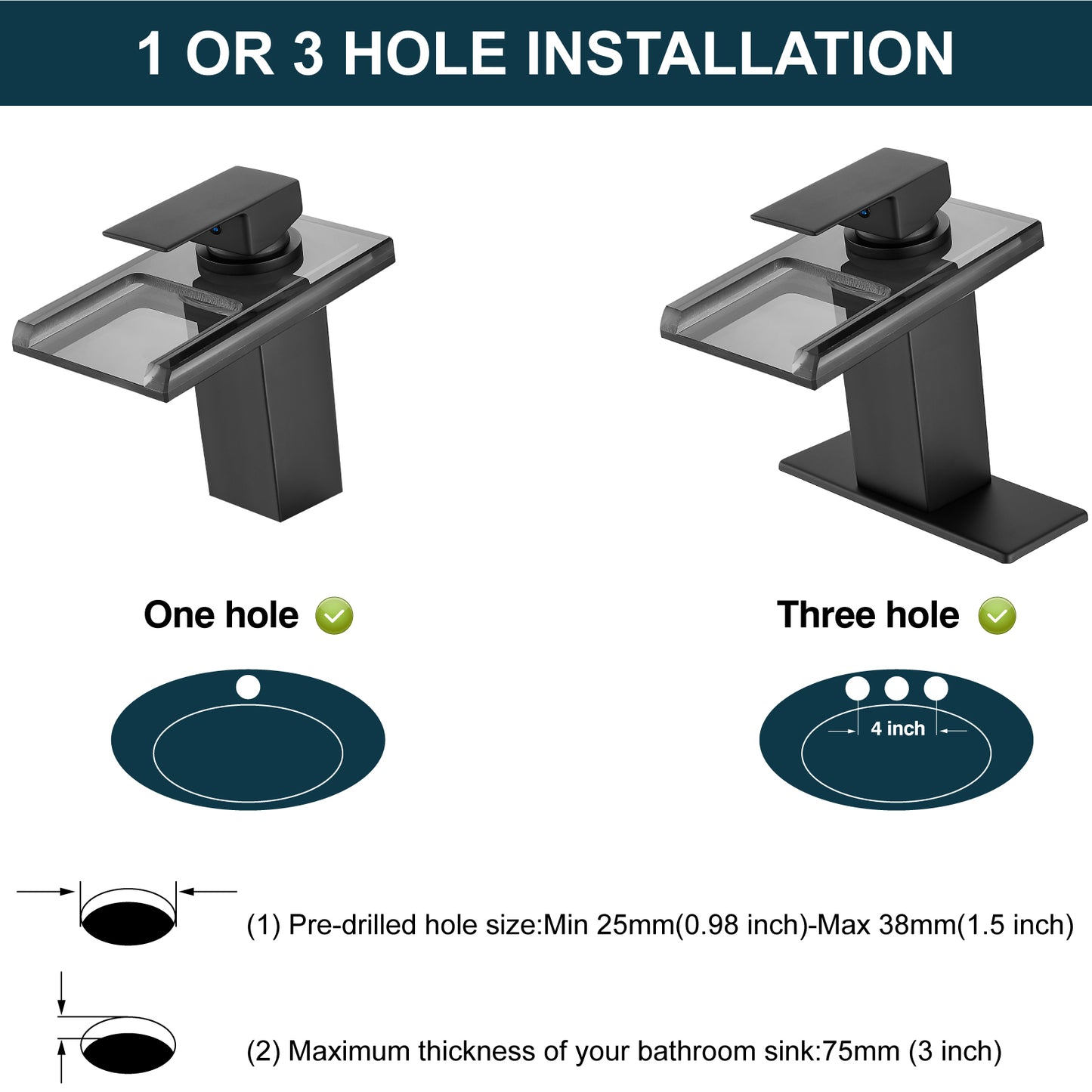 
                  
                    Midanya LED Bathroom Sink Faucet,Waterfall Open Glass Spout Bathroom Faucet,Single Handle 3 Colors Changing RV Vanity Faucets for Sink 1 Hole with Pop Up Drain and Water Supply Hoses
                  
                