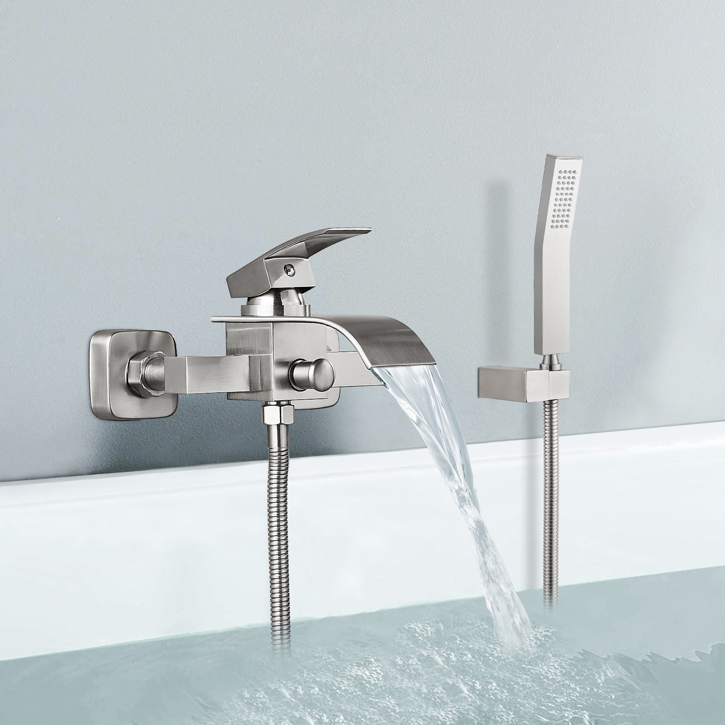 
                  
                    Wall Mount Bathtub Faucet with Handheld Spray Waterfall Tub Filler Single Handle Bathroom Tub Mixer Tap Hand-Shower System with Curved Spout Commercial
                  
                