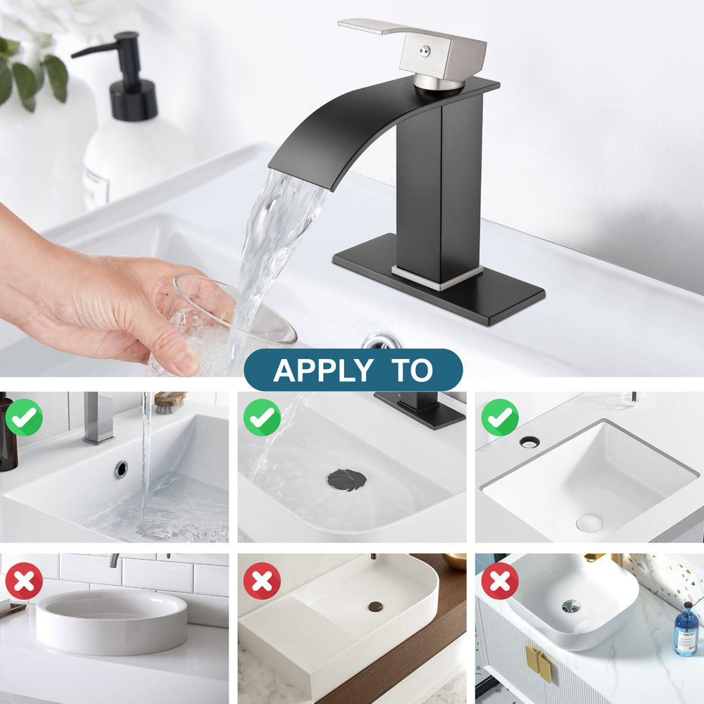 
                  
                    Midanya Brushed Nickel Handle Matte Black Wide Spout Bathroom Sink Faucet,Single Handle Waterfall Bathroom Faucet,Single Hole Deck Mount Vanity Faucet,Hot and Cold Mixer Tap with Water Supply Lines
                  
                