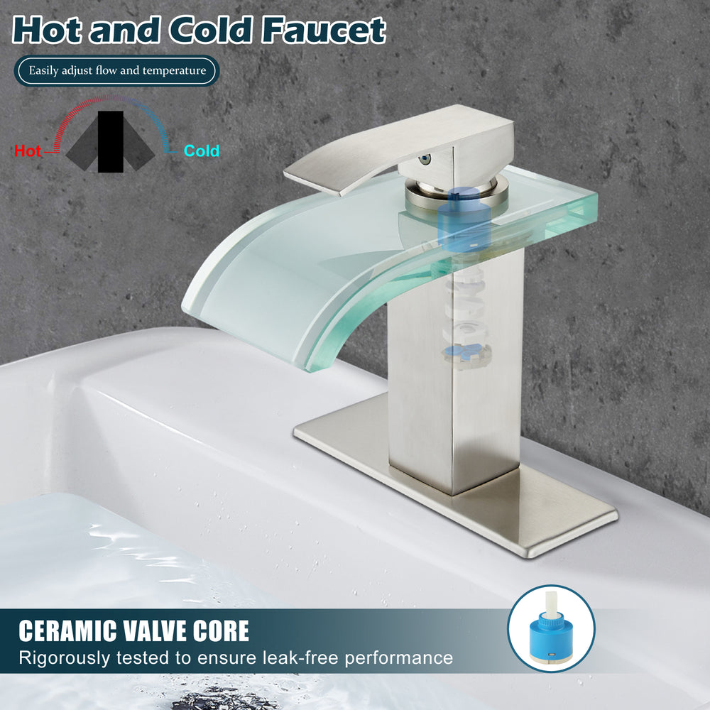 
                  
                    Midanya LED Bathroom Sink Faucet,Waterfall Single Hole Handle 3 Colors Changing Bathroom Faucet, Wide Glass Spout LED Light RV Bathroom Faucet with Pop Up Drain and Water Supply Lines
                  
                