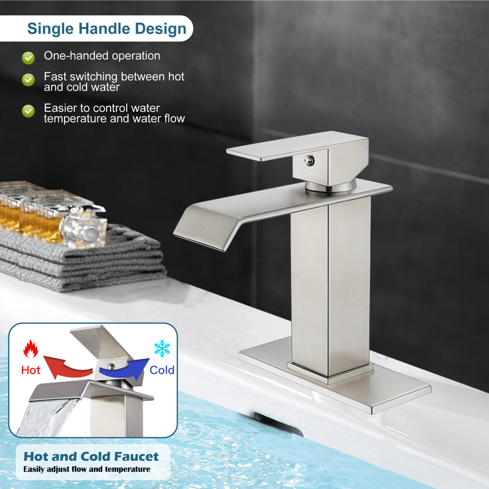 
                  
                    Midanya Waterfall Bathroom Sink Faucet Single Hole 1 Handle Deck Mount 1or 3 Hole Commercial Mixer Tap Lavatory Vanity Faucet with Deck Plate and Pop Up Drain
                  
                