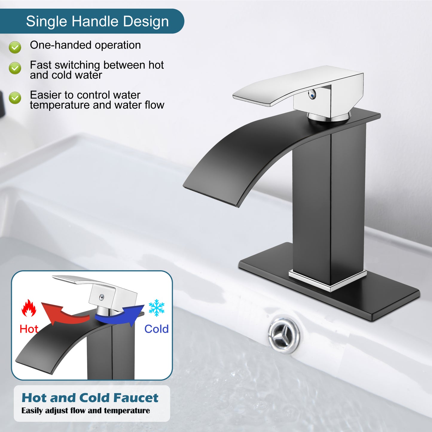 
                  
                    Midanya Bathroom Sink Faucet Waterfall Spout Single Handle 1 Hole Deck Mount Mixer Tap Lavatory Vanity Sink Faucet Commercial with Deck Plate and Pop Up Drain
                  
                