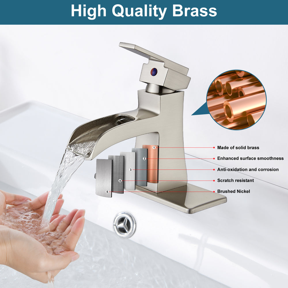 
                  
                    Midanya Single Handle Bathroom Sink Faucet, Waterfall Bathroom Faucet for 1 Hole or 3 Holes, Lavatory RV Vanity Faucet with Deck Mount Pop-Up Drain and Water Supply Lines
                  
                