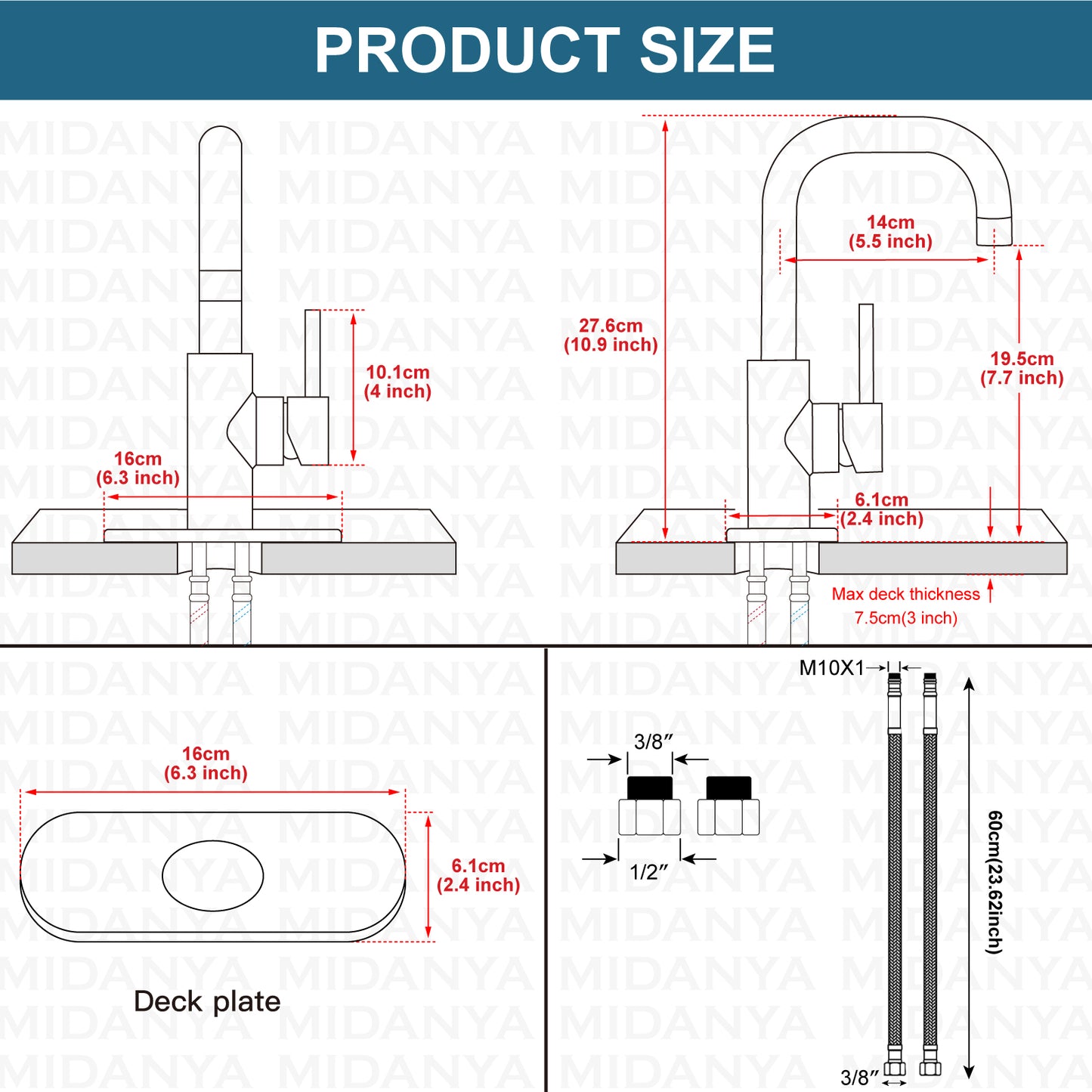 
                  
                    Midanya Bathroom Sink Faucet Single Handle, RV Small Vanity Faucet Wet Bar Pre-Kitchen Farmhouse with 360°Rotation Spout and Deck Plate, Supply Hoses and Pop-up Drain
                  
                