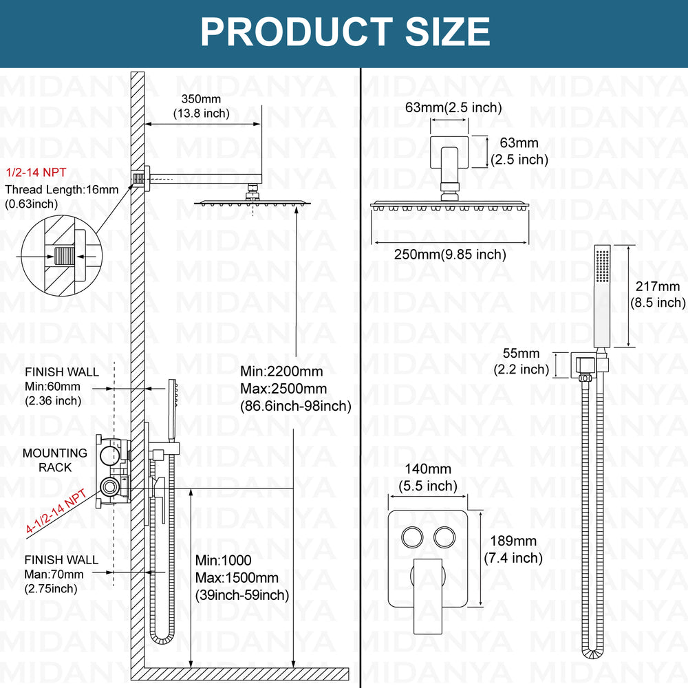 
                  
                    Midanya 10 inch Shower System with Push Button Diverter Bathroom Pressure Balance Shower Faucet Set Complete with Rain High Pressure Shower Head and Rough-in Valve Trim Kits Luxury
                  
                