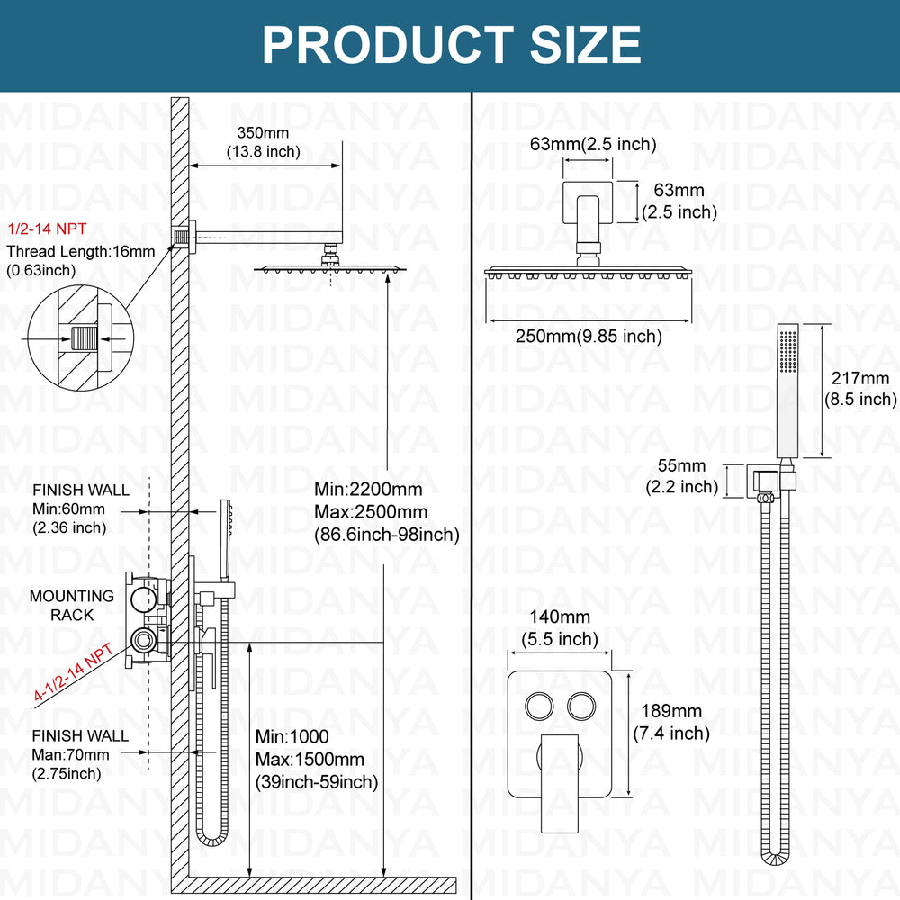 
                  
                    Midanya 10 inch Shower System with Push Button Diverter Bathroom Pressure Balance Shower Faucet Set Complete with Rain High Pressure Shower Head and Rough-in Valve Trim Kits Luxury
                  
                