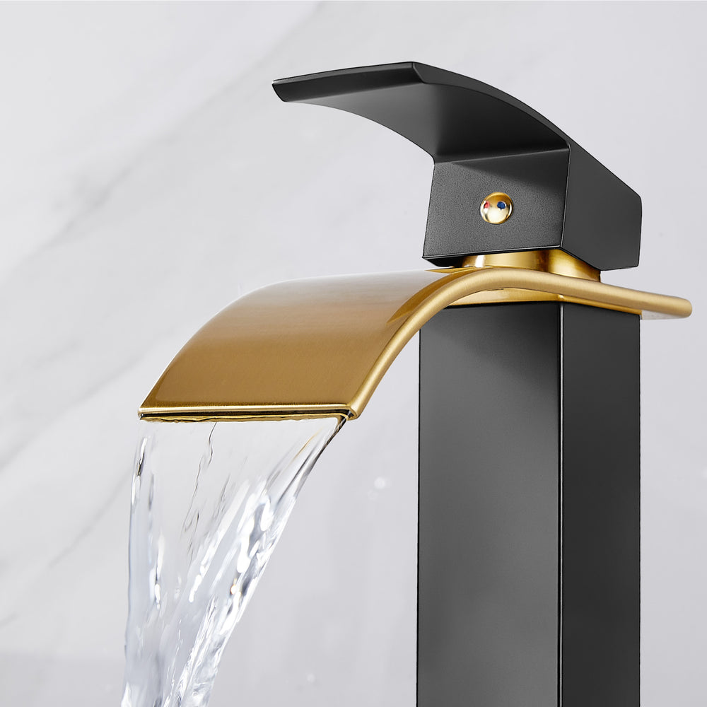 
                  
                    Midanya Brushed Nickel Handle Matte Black Wide Spout Bathroom Sink Faucet,Single Handle Waterfall Bathroom Faucet,Single Hole Deck Mount Vanity Faucet,Hot and Cold Mixer Tap with Water Supply Lines
                  
                