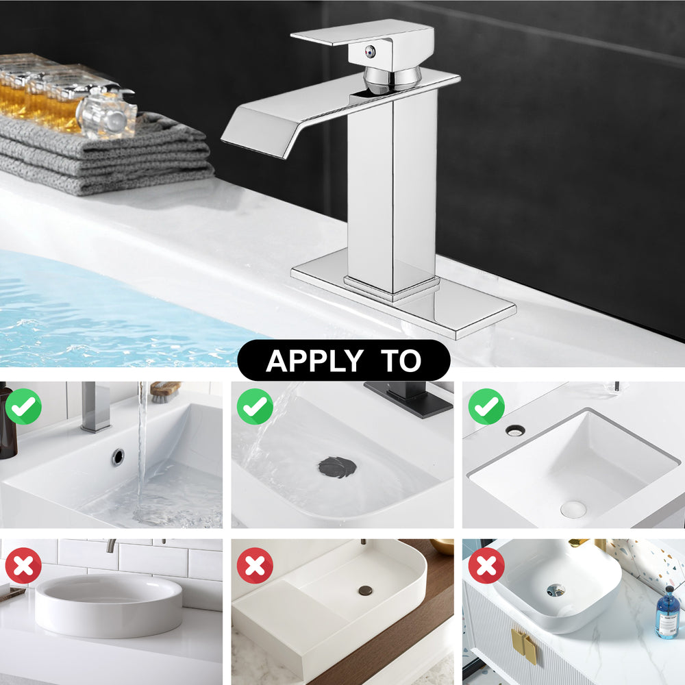 
                  
                    Midanya Waterfall Bathroom Sink Faucet Single Hole 1 Handle Deck Mount 1or 3 Hole Commercial Mixer Tap Lavatory Vanity Faucet with Deck Plate and Pop Up Drain
                  
                