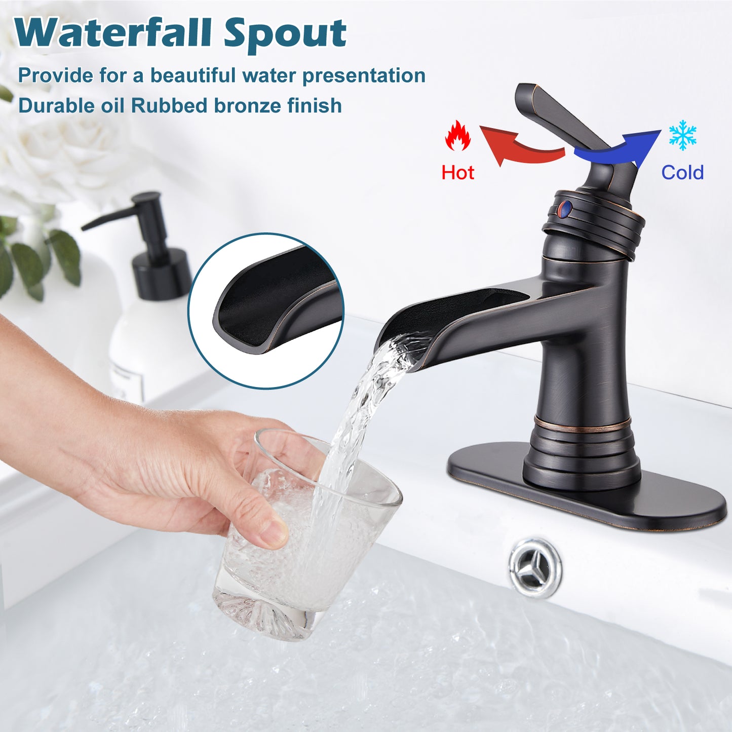 
                  
                    Midanya Waterfall Faucet Single Handle Bathroom Sink Faucet, Large Spout Lavatory Faucet, Deck Mounted Single Hole or 3 Hole Bathroom Faucet with Pop Up Drain and Water Supply Lines
                  
                