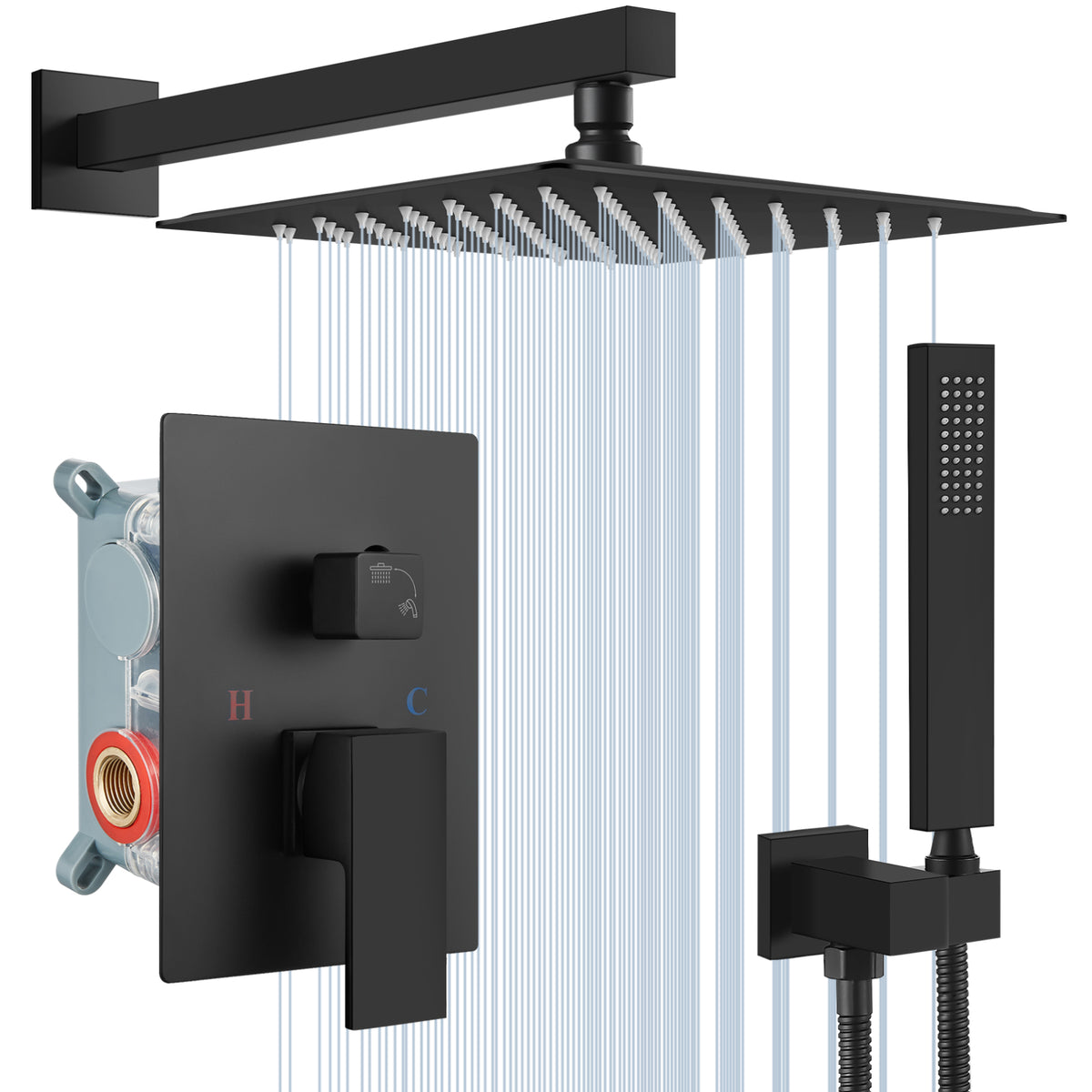 Midanya Rain Shower System 12 Inch Square Rainfall High Pressure Showe ...