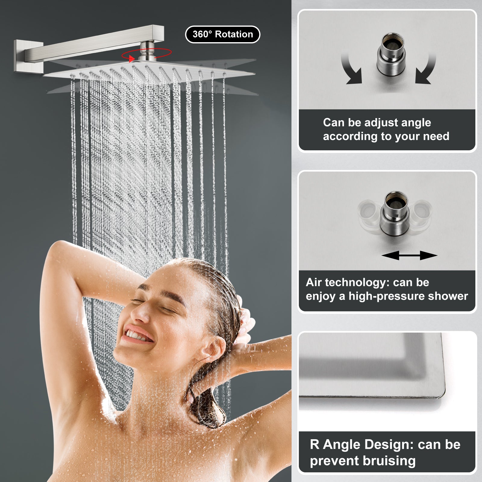 Midanya Rain Shower System 12 Inch Square Rainfall High Pressure Showe ...