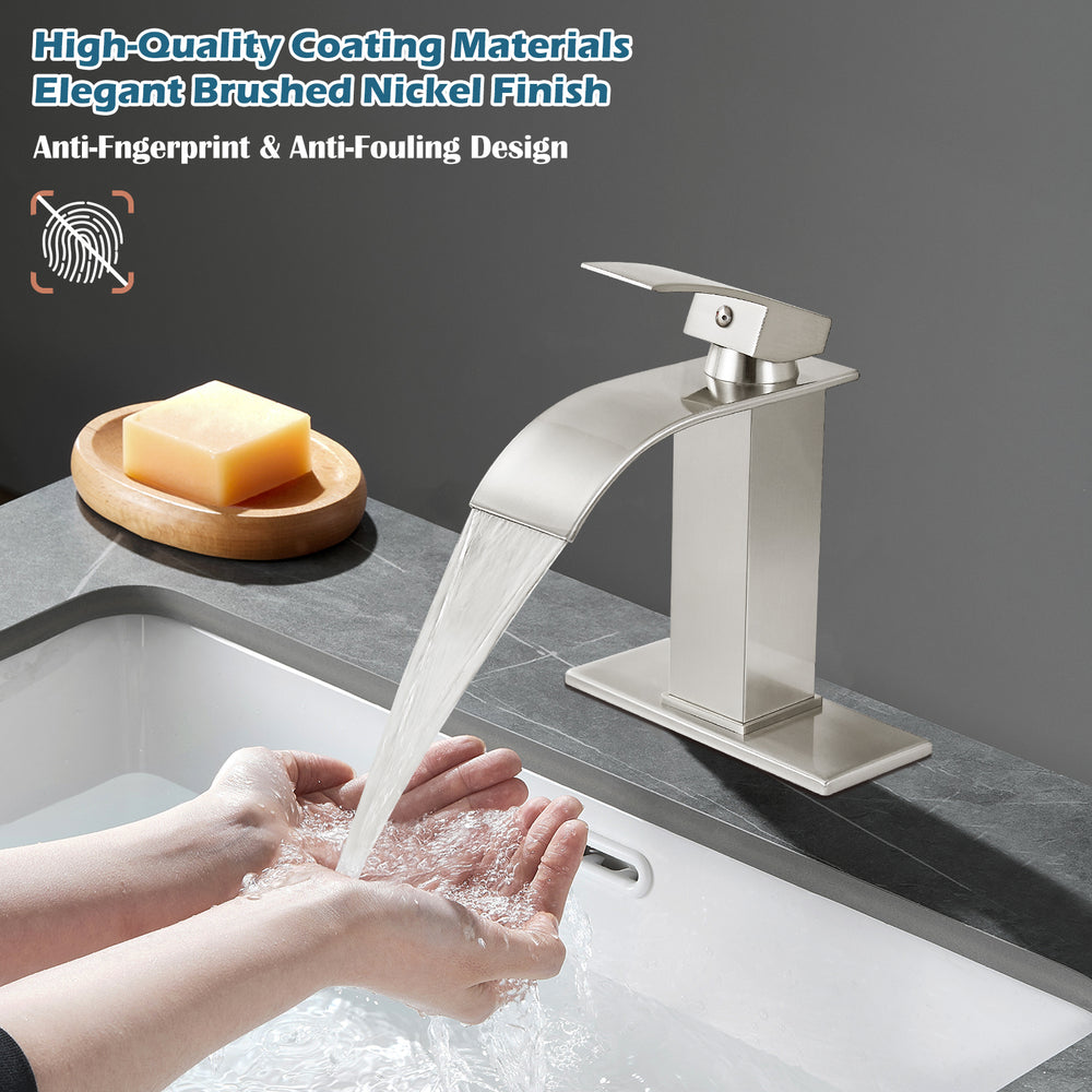 
                  
                    Midanya Bathroom Sink Faucet Waterfall Spout Single Handle 1 Hole Deck Mount Mixer Tap Lavatory Vanity Sink Faucet Commercial with Deck Plate and Pop Up Drain
                  
                