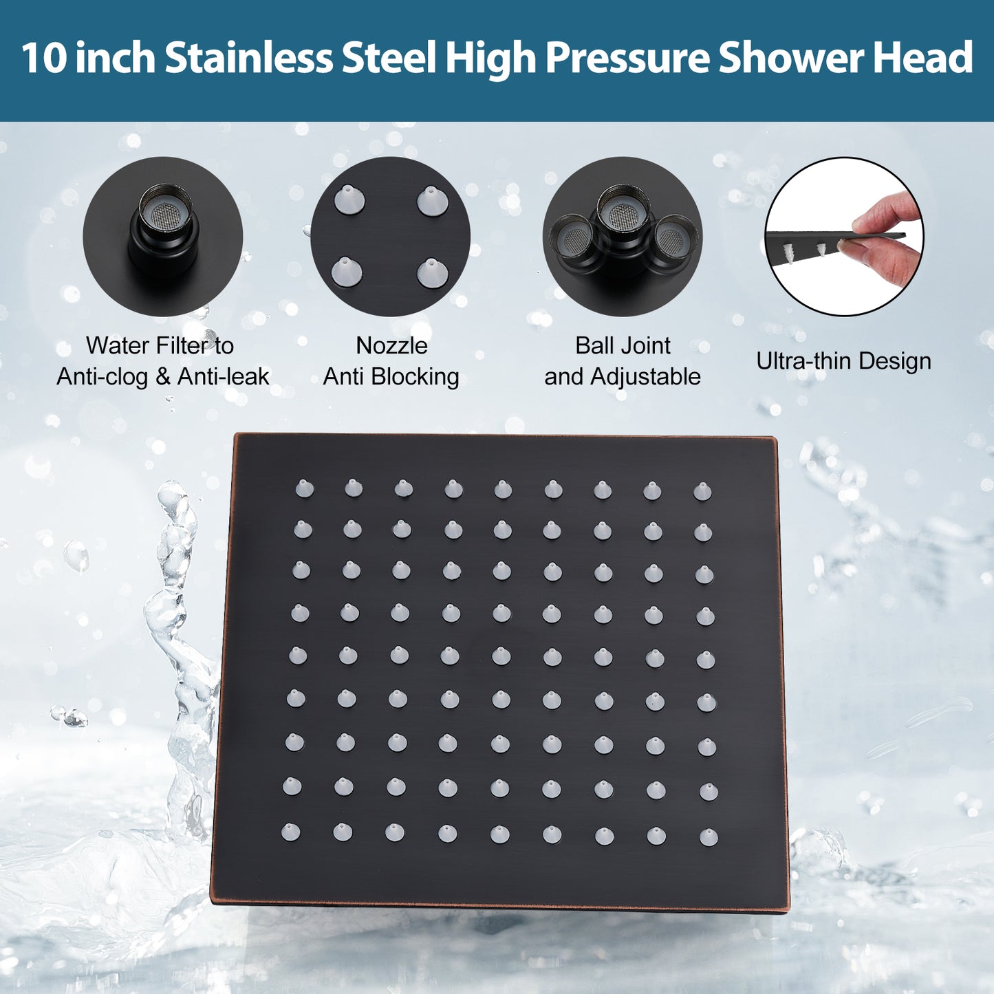 
                  
                    Midanya 10 inch Rainfall Shower Head Square Stainless Steel Rain Showerhead High Pressure Waterfall Crackproof Coverage with Silicone Nozzle 1/16" Ultra Thin Design Swivel Connector
                  
                