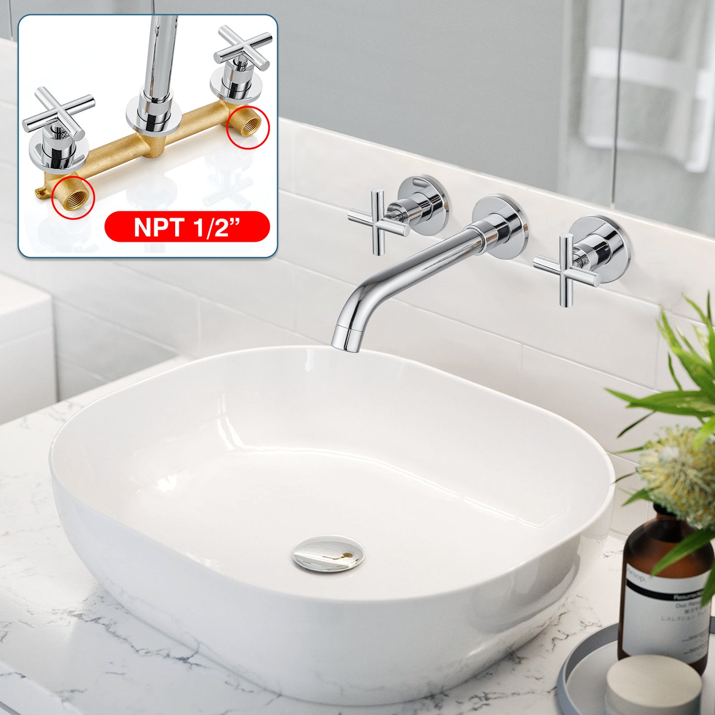 
                  
                    Midanya Bathroom Sink Faucet Wall Mounted Dual Cross Handles 3 Holes Widespread Vanity Sink Mixer Tap Lavatory Brass Basin Mixing Faucets with Rough in Valve Included Swivel Spout
                  
                