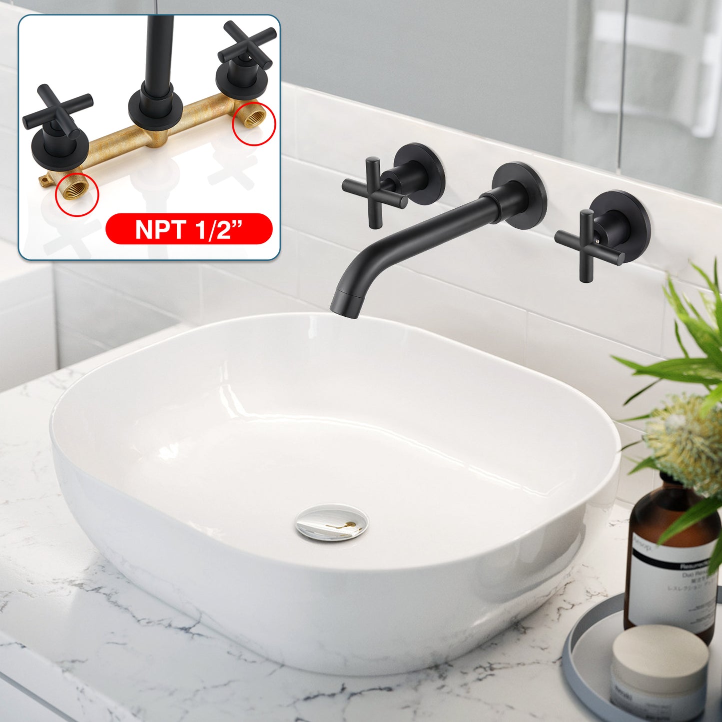 
                  
                    Midanya Bathroom Sink Faucet Wall Mounted Dual Cross Handles 3 Holes Widespread Vanity Sink Mixer Tap Lavatory Brass Basin Mixing Faucets with Rough in Valve Included Swivel Spout
                  
                