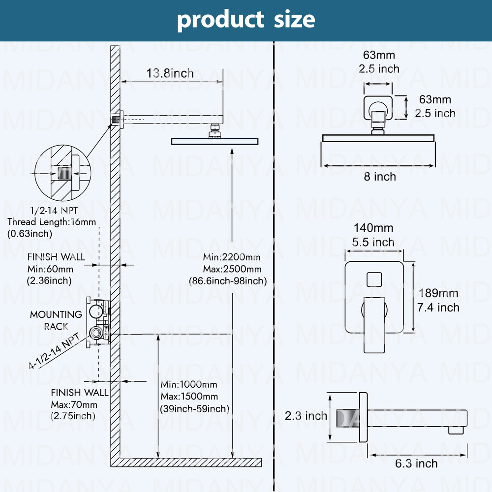 
                  
                    Tub and Shower Faucet Set Bathroom Rain Shower System with Tub Faucet Spout Wall Mounted 8 inch High Pressure Rain Shower Head Shower Trim Kit with Rough-in Mixer Valve
                  
                