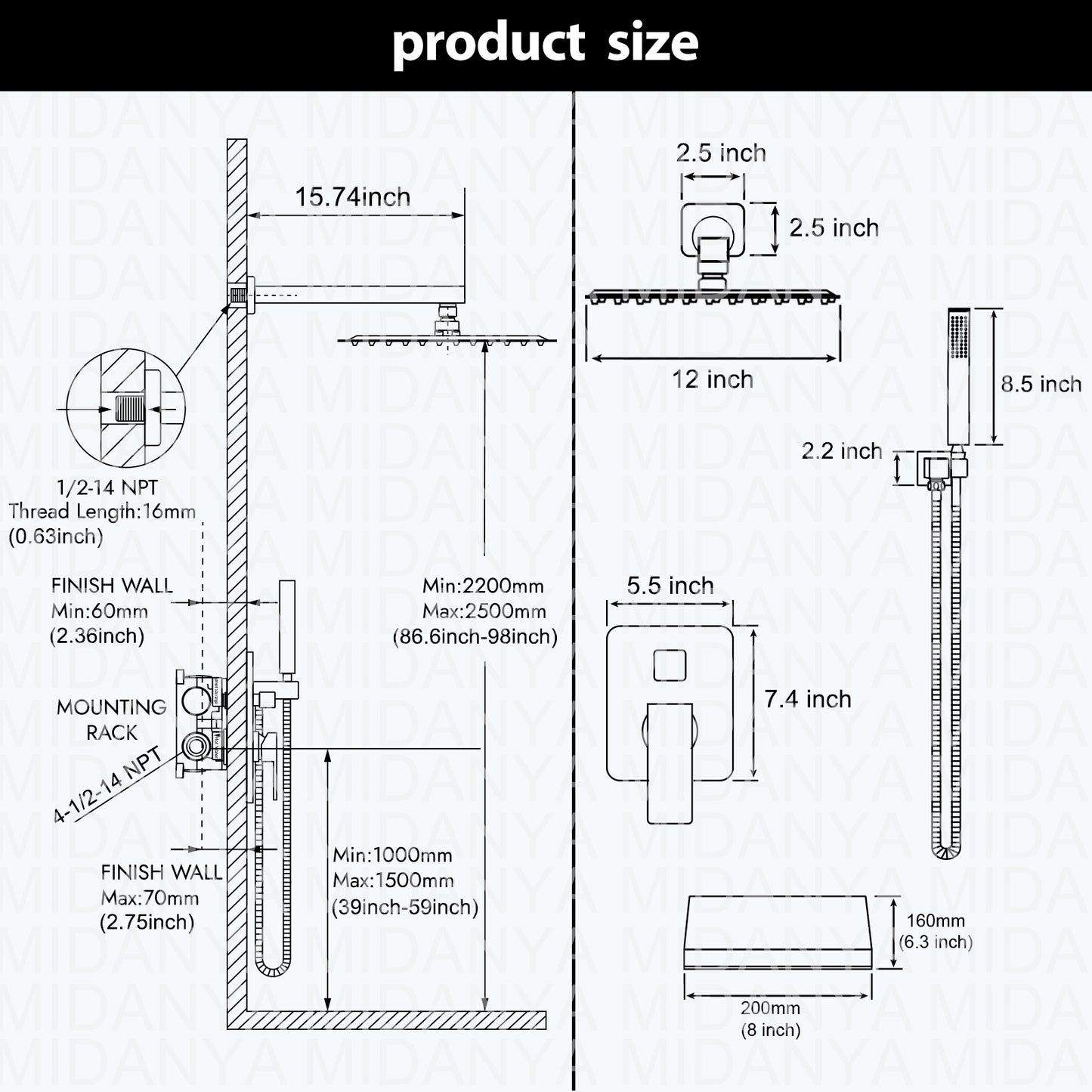 
                  
                    Midanya Rain Shower System Tub Shower Faucet Set 12 Inch Square Rainfall Shower Head with Handheld Sprayer and Waterfall Tub Spout Rough-in Valve Shower Mixer Combo
                  
                