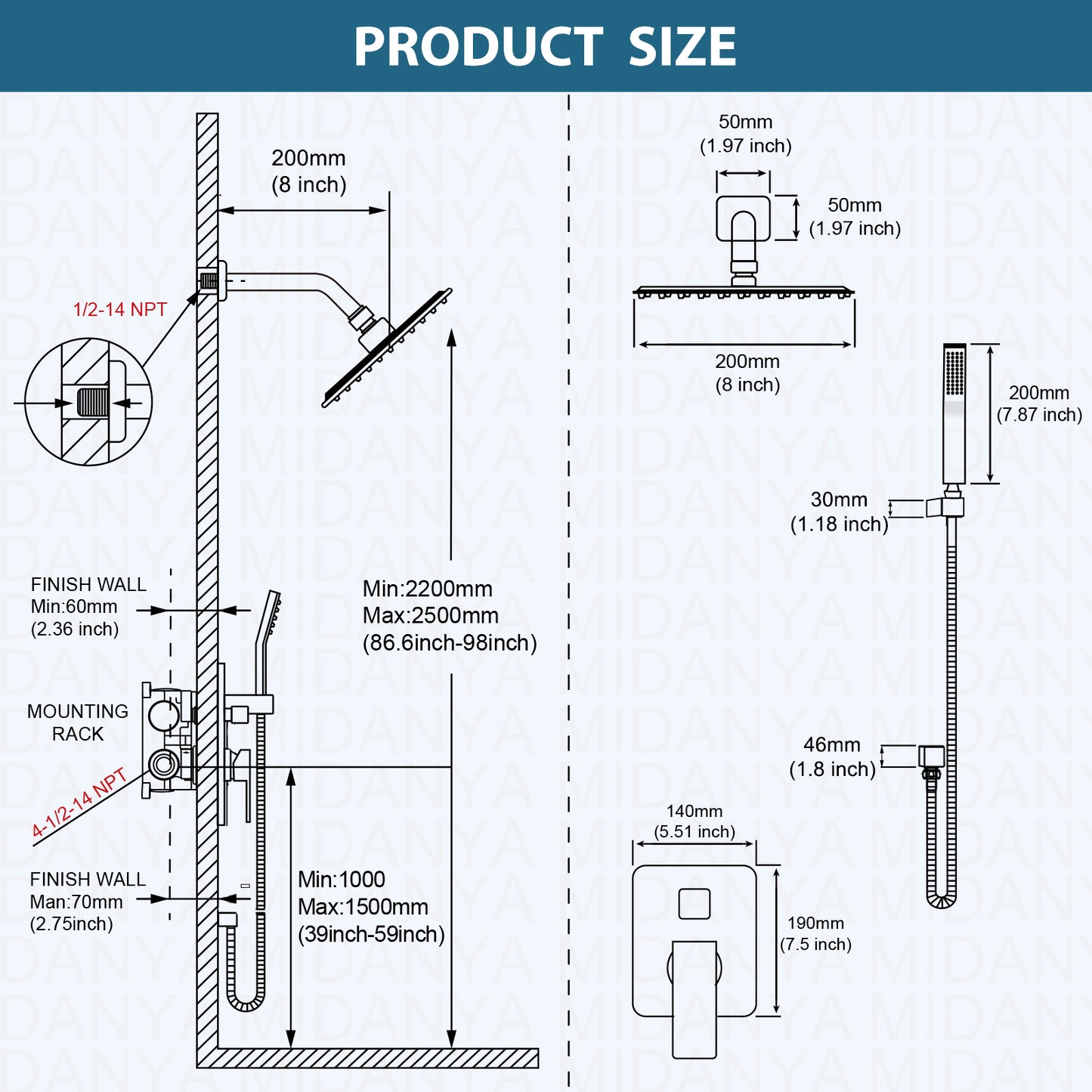 
                  
                    Midanya  Rain Shower System Wall Mount Shower Faucet Set 8 Inch Square High Pressure Showerhead with Hand Sprayer Rough-In Valve Body and Trim Included Mixer Shower Combo Set Bathroom
                  
                