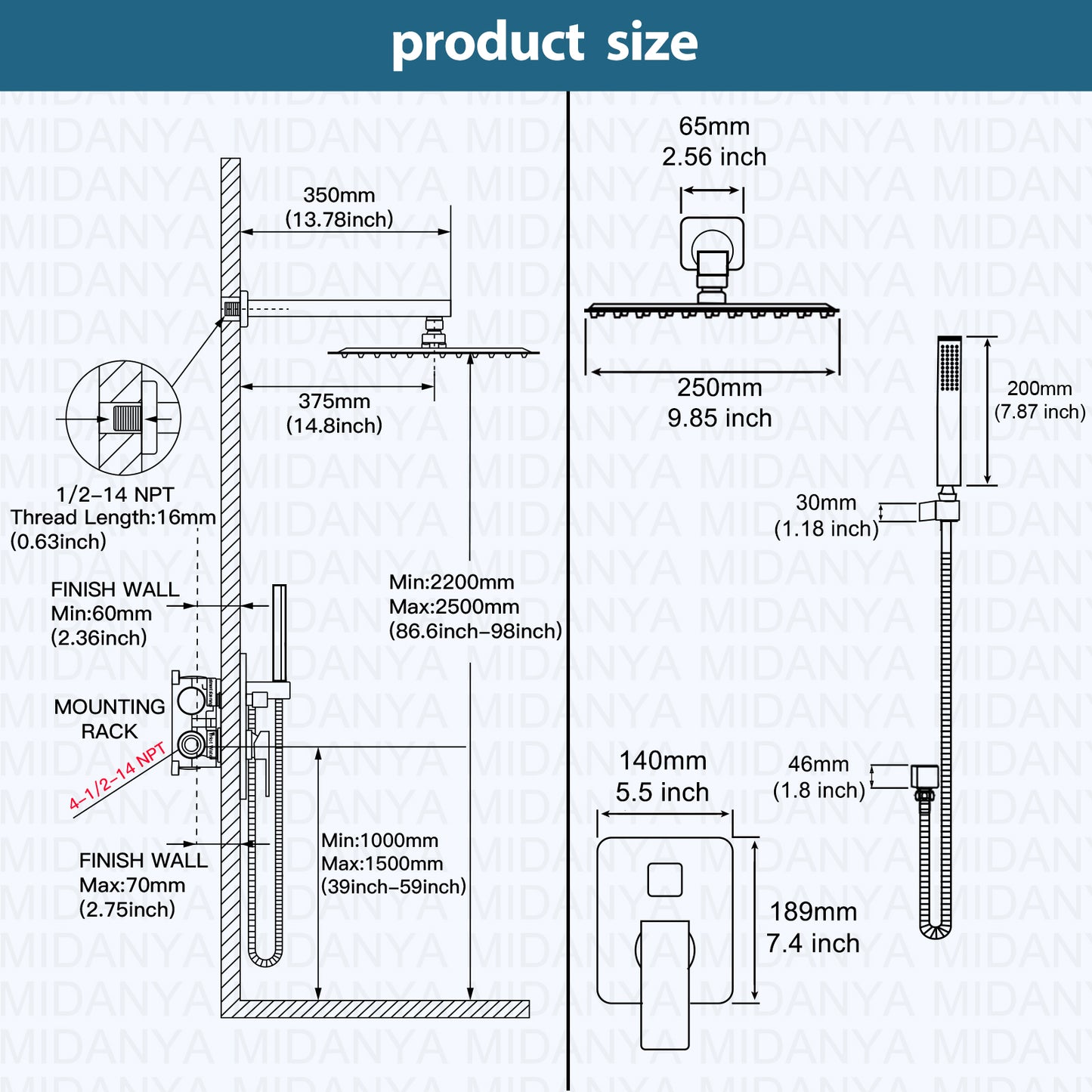 
                  
                    Midanya  Bathroom Rain Shower System Shower Faucet Set Wall Mount 10 Inch Square Rainfall Shower Head High Pressure Shower Fixture with Handheld Sprayer Rough-In Valve and Trim Included
                  
                