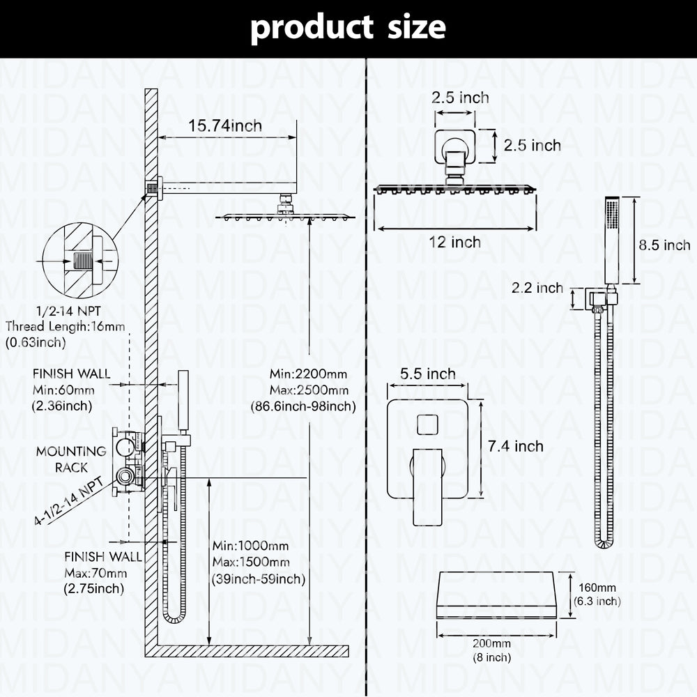 
                  
                    Midanya Rain Shower System Tub Shower Faucet Set 12 Inch Square Rainfall Shower Head with Handheld Sprayer and Waterfall Tub Spout Rough-in Valve Shower Mixer Combo
                  
                