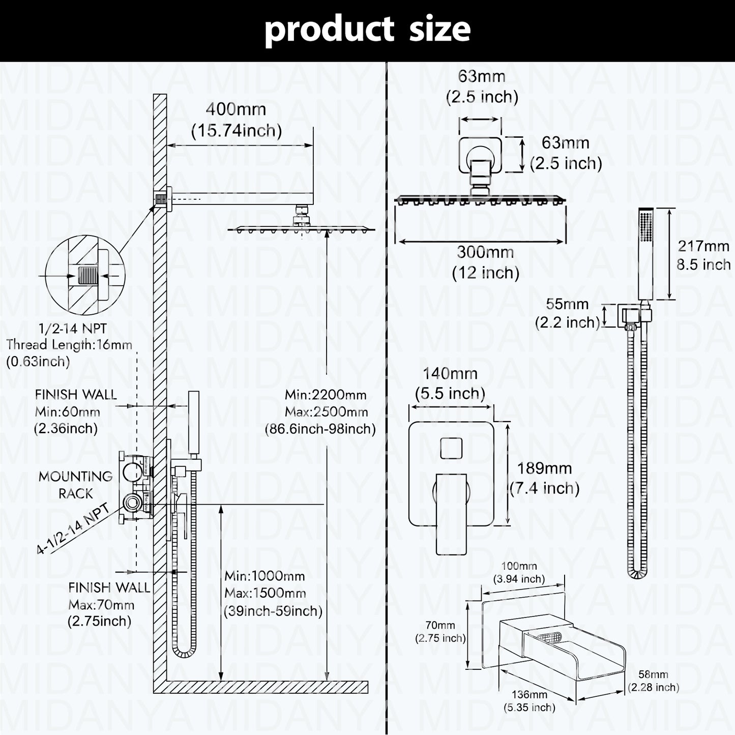 
                  
                    Midanya Bathroom Shower System 12 Inch Rainfall Shower Head with Handheld Spary Wall Mount Tub Spout Combo Set Rough-in Valve 3 Function Mixer Shower Faucet Luxury
                  
                