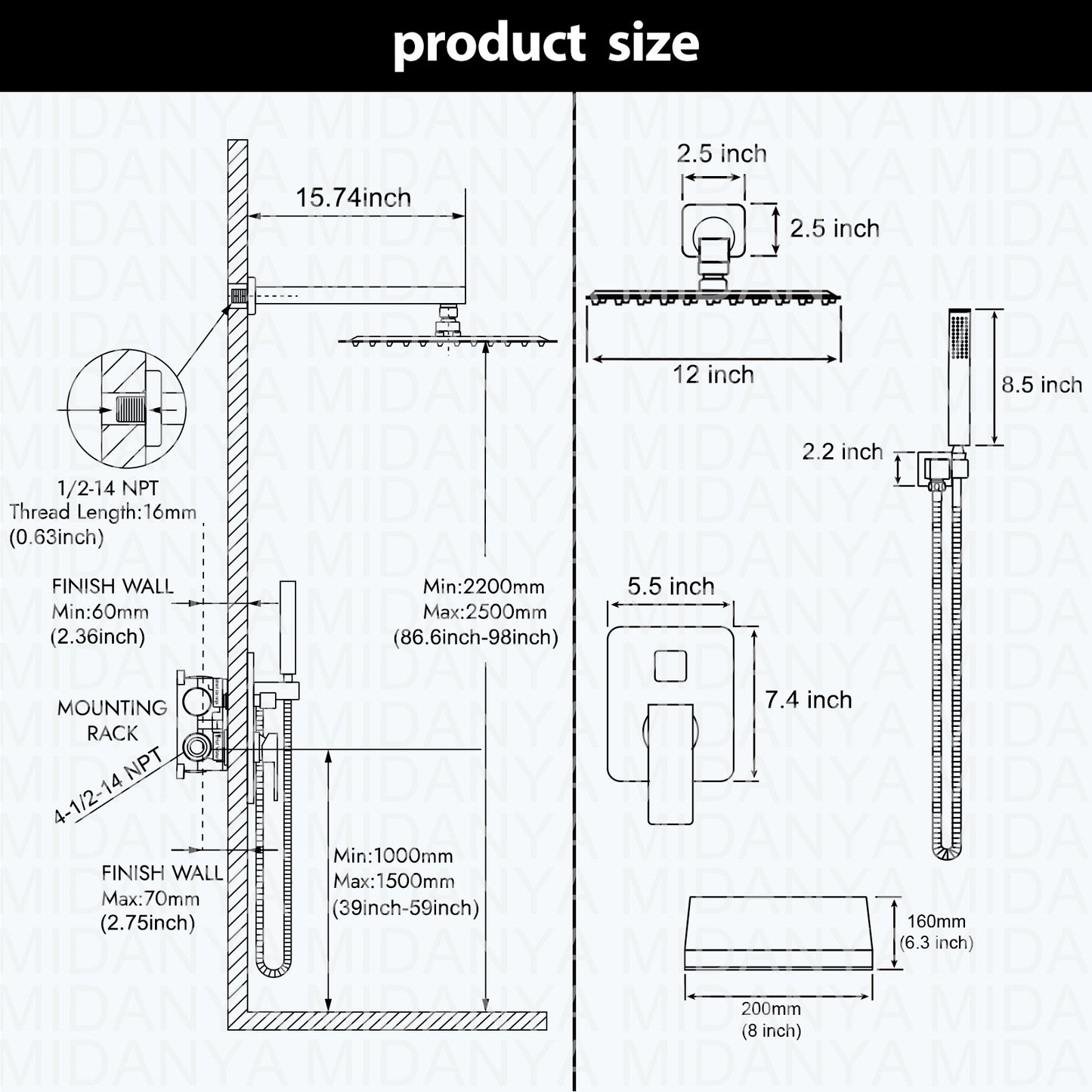 
                  
                    Midanya Rain Shower System Tub Shower Faucet Set 12 Inch Square Rainfall Shower Head with Handheld Sprayer and Waterfall Tub Spout Rough-in Valve Shower Mixer Combo
                  
                