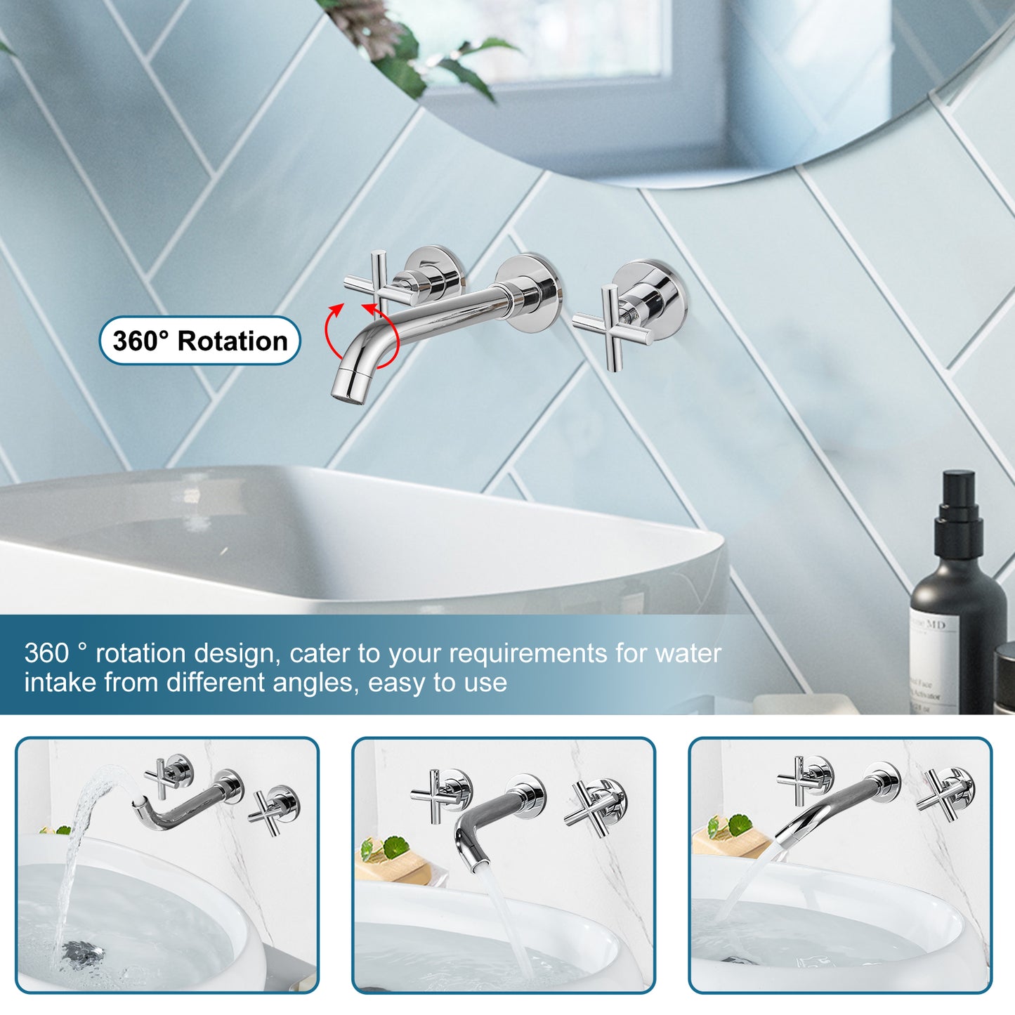 
                  
                    Midanya Bathroom Sink Faucet Wall Mounted Dual Cross Handles 3 Holes Widespread Vanity Sink Mixer Tap Lavatory Brass Basin Mixing Faucets with Rough in Valve Included Swivel Spout
                  
                