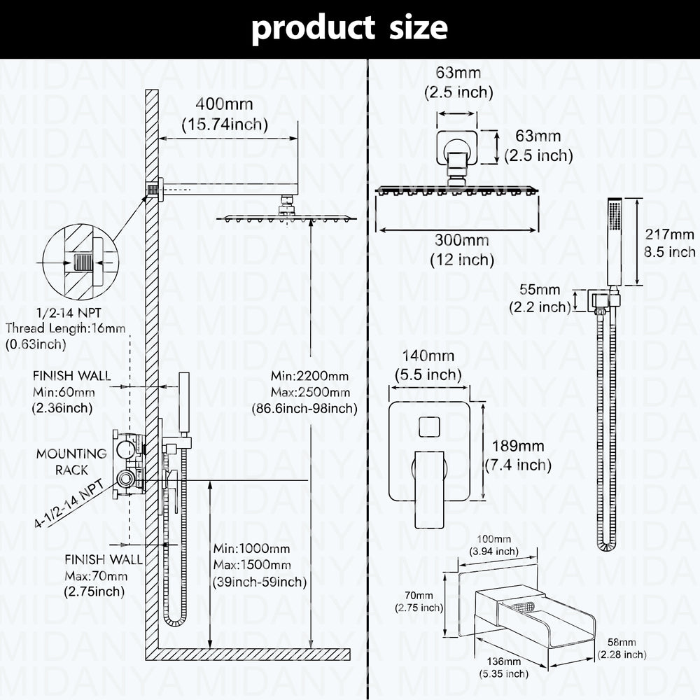 
                  
                    Midanya Bathroom Shower System 12 Inch Rainfall Shower Head with Handheld Spary Wall Mount Tub Spout Combo Set Rough-in Valve 3 Function Mixer Shower Faucet Luxury
                  
                