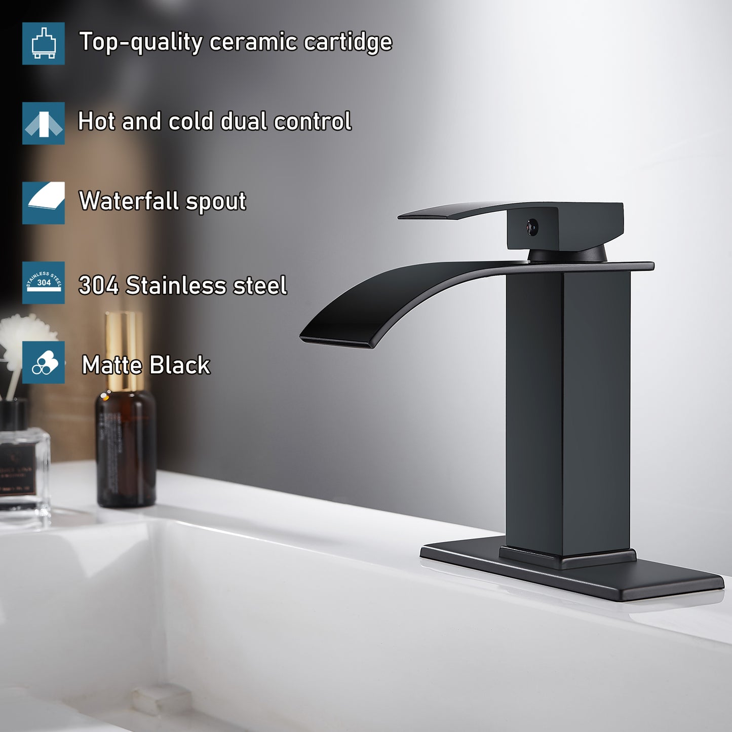 
                  
                    Midanya Bathroom Sink Faucet Waterfall Spout Single Handle 1 Hole Deck Mount Mixer Tap Lavatory Vanity Sink Faucet Commercial with Deck Plate and Pop Up Drain
                  
                