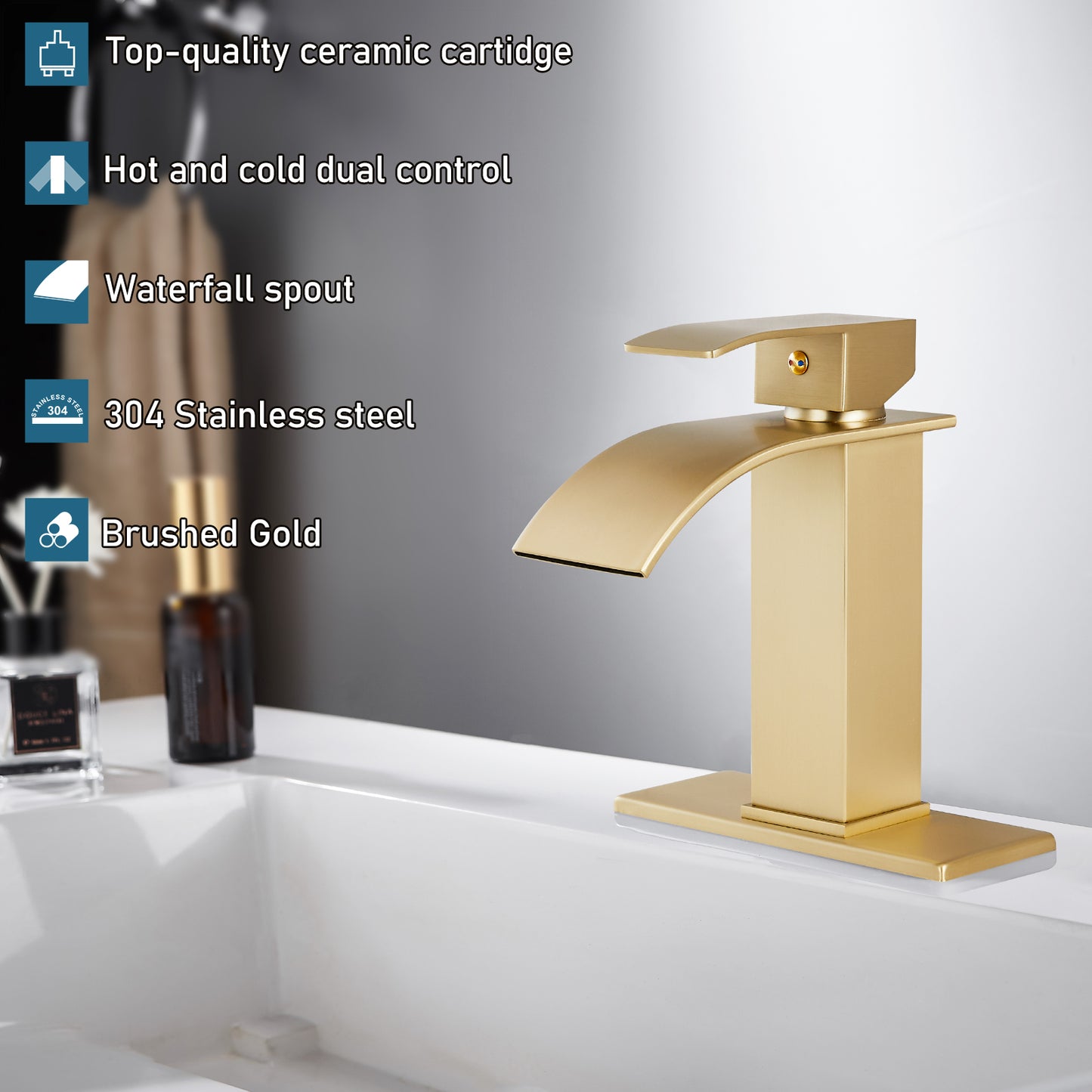 
                  
                    Midanya Bathroom Sink Faucet Waterfall Spout Single Handle 1 Hole Deck Mount Mixer Tap Lavatory Vanity Sink Faucet Commercial with Deck Plate and Pop Up Drain
                  
                